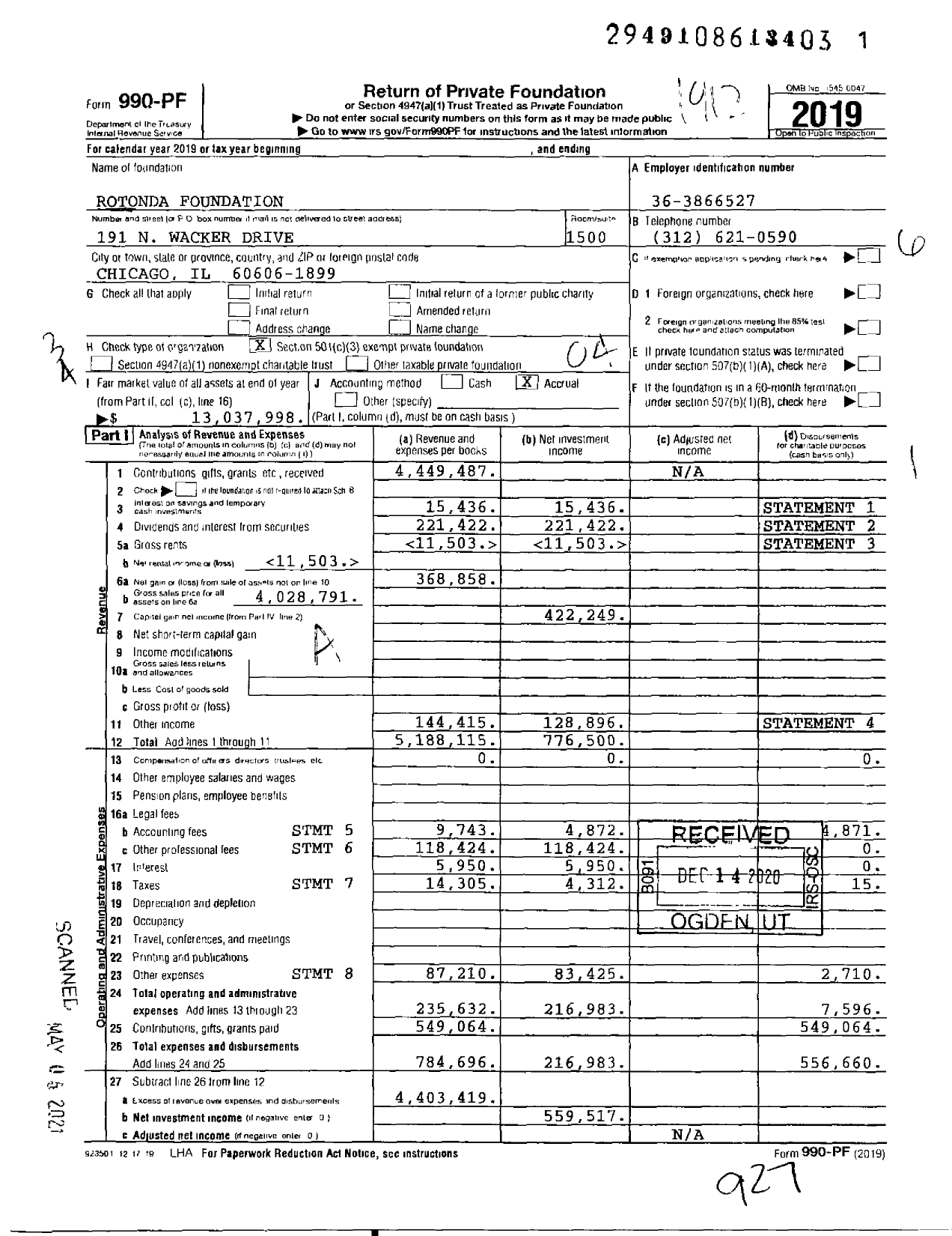 Image of first page of 2019 Form 990PF for Rotonda Foundation