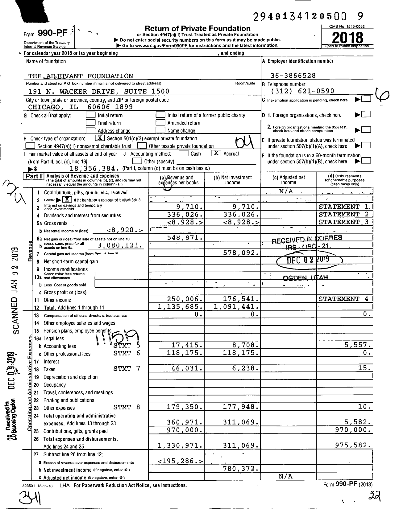 Image of first page of 2018 Form 990PF for The Adjuvant Foundation