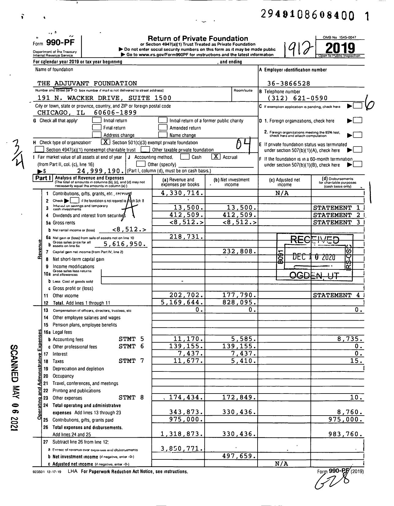 Image of first page of 2019 Form 990PF for The Adjuvant Foundation