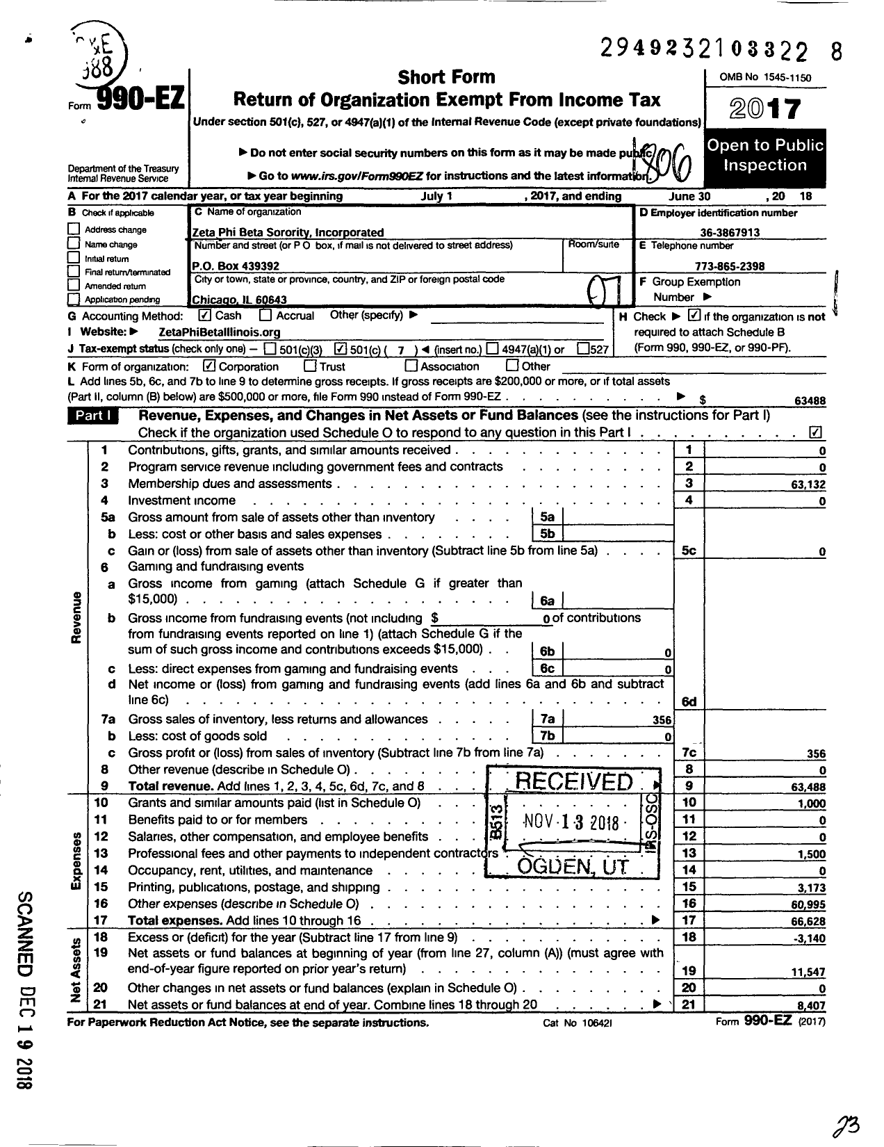 Image of first page of 2017 Form 990EO for Zeta Phi Beta Sorority State of Illinois