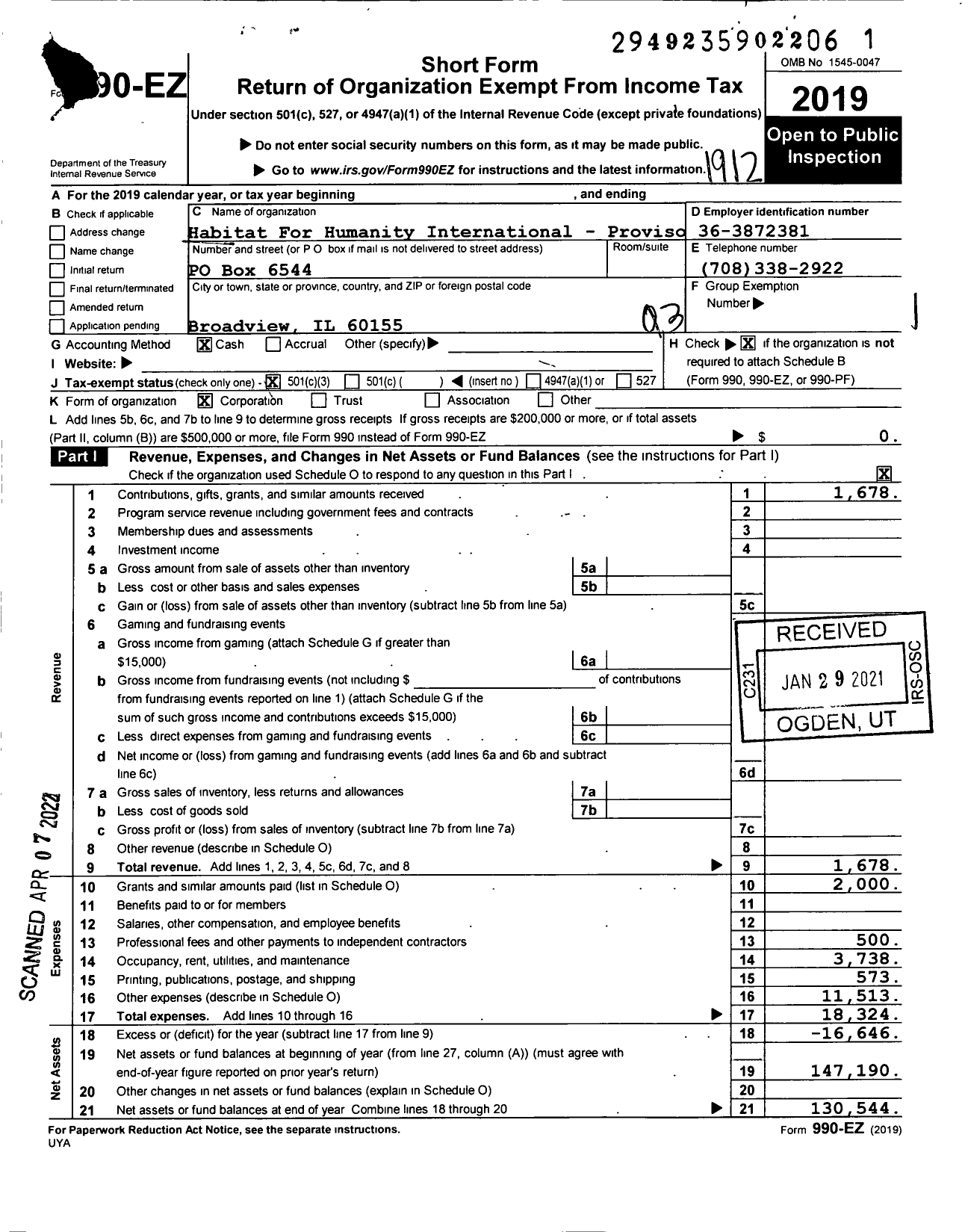 Image of first page of 2019 Form 990EZ for Habitat For Humanity - Proviso HFH