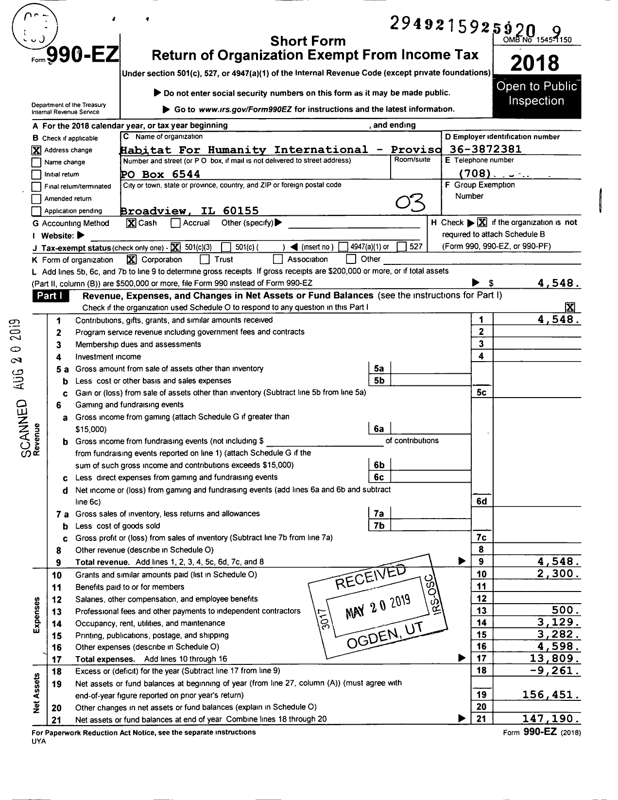 Image of first page of 2018 Form 990EZ for Habitat For Humanity - Proviso HFH