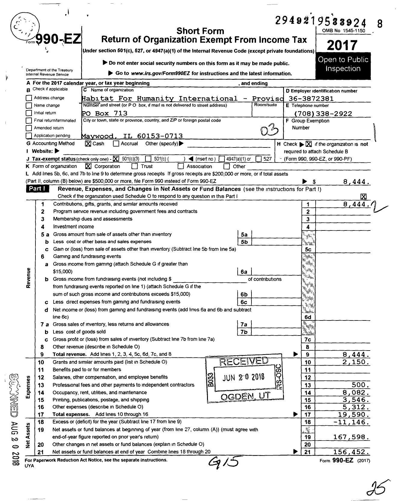 Image of first page of 2017 Form 990EZ for Habitat For Humanity - Proviso HFH