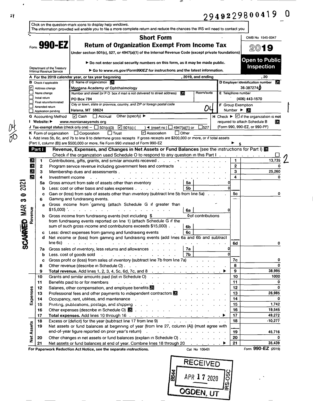 Image of first page of 2019 Form 990EO for Montana Academy of Ophthalmology