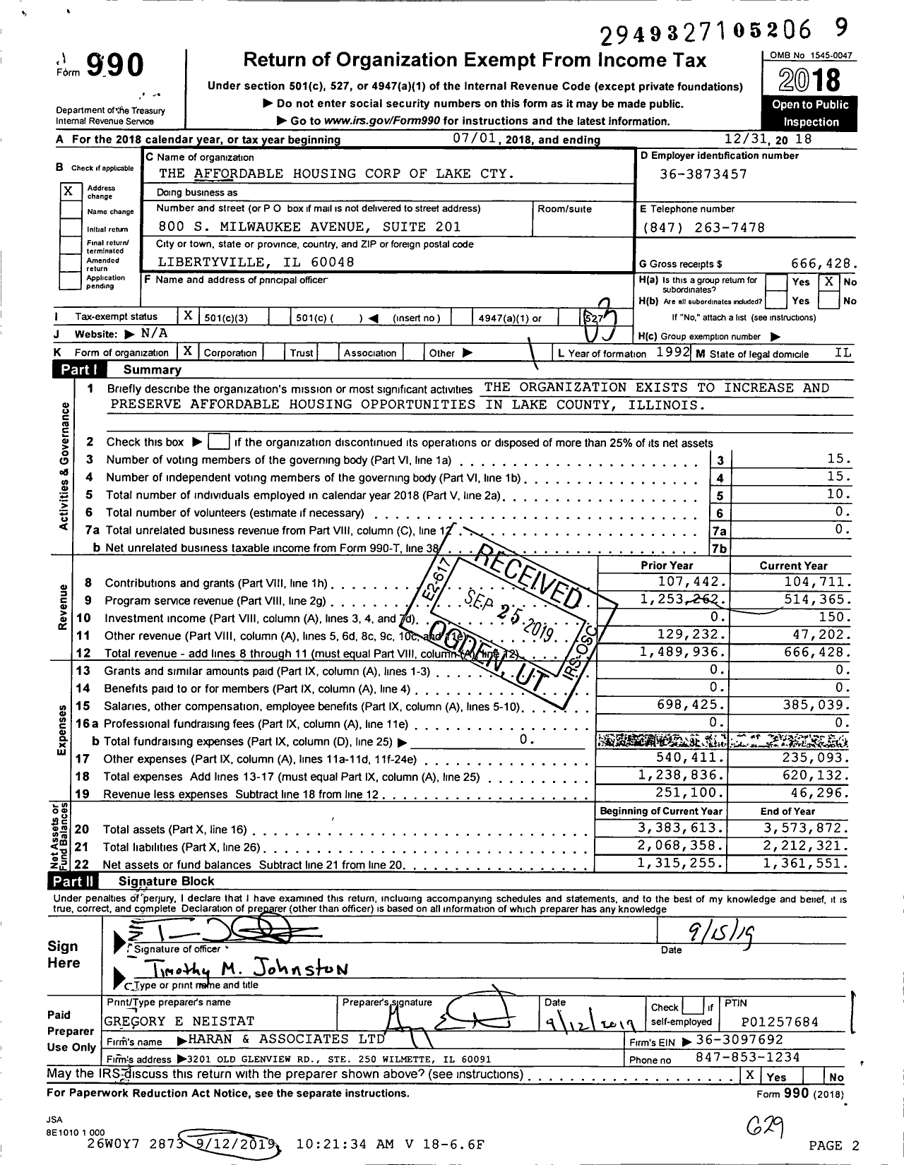 Image of first page of 2018 Form 990 for Affordable Housing Corporation of Lake County (AHC)