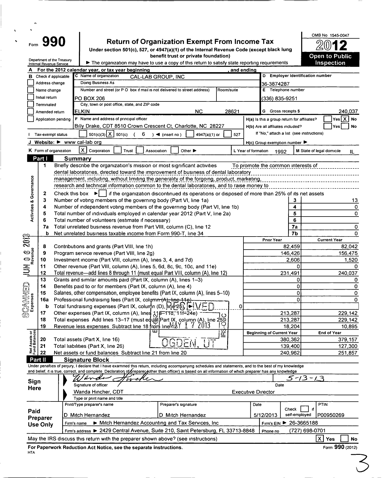 Image of first page of 2012 Form 990O for Cal Lab Group