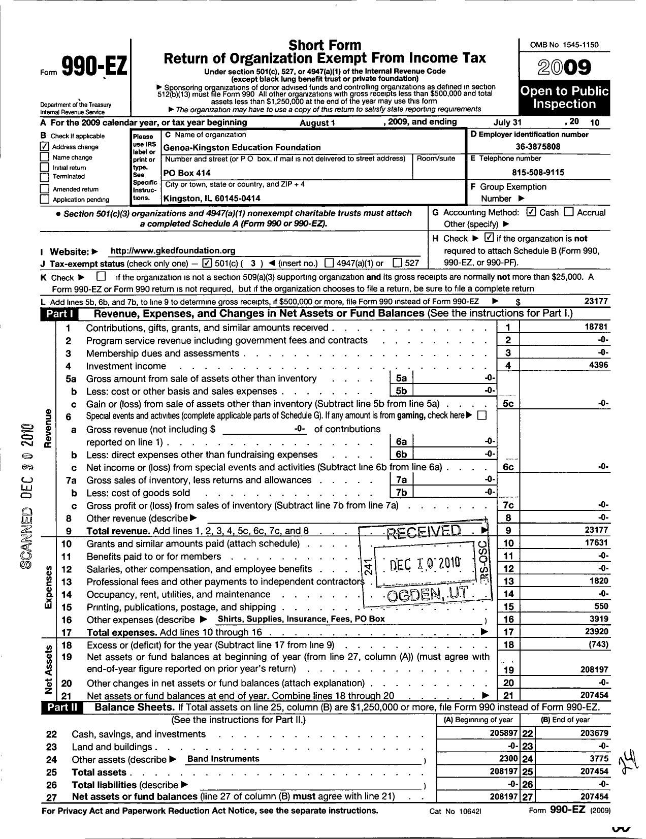 Image of first page of 2009 Form 990EZ for Genoa Kingston Education Foundation