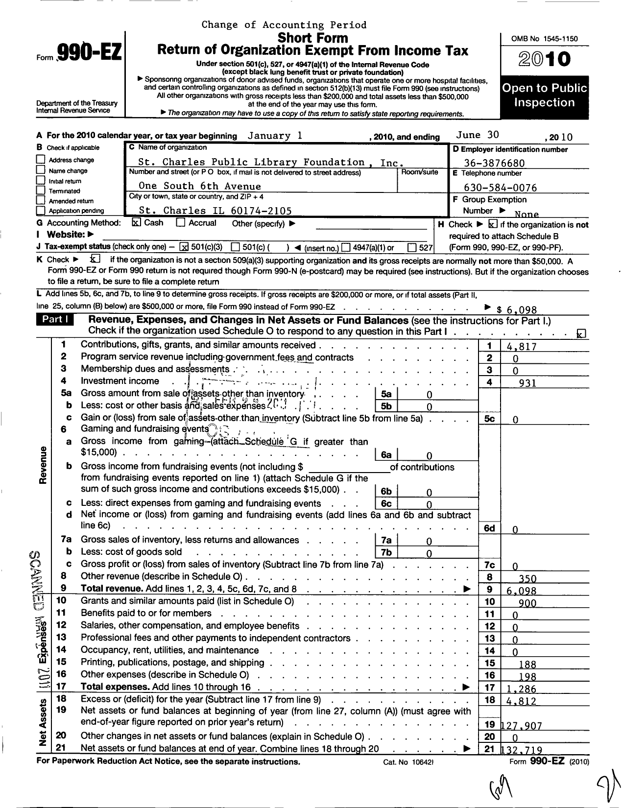 Image of first page of 2009 Form 990EZ for St Charles Public Library Foundation