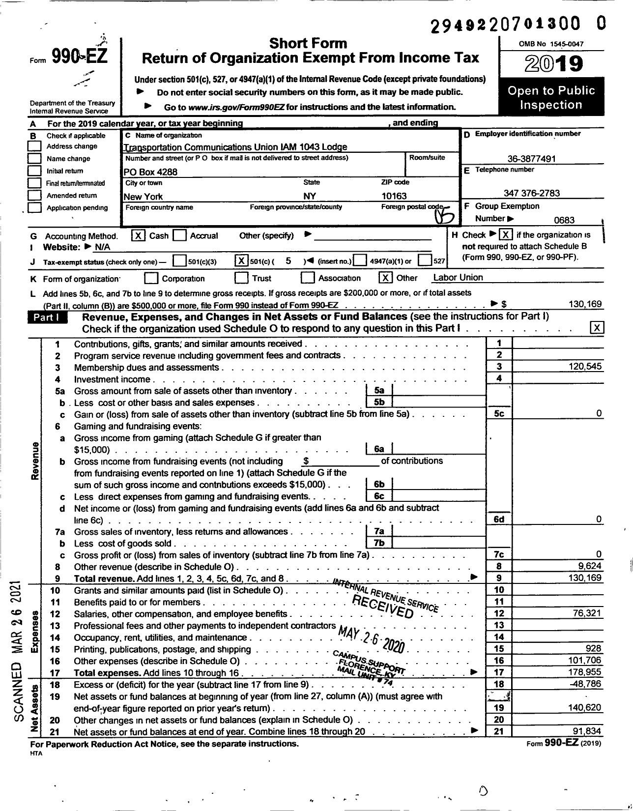 Image of first page of 2019 Form 990EO for Transportation-Communications Union / T1043 Lodge