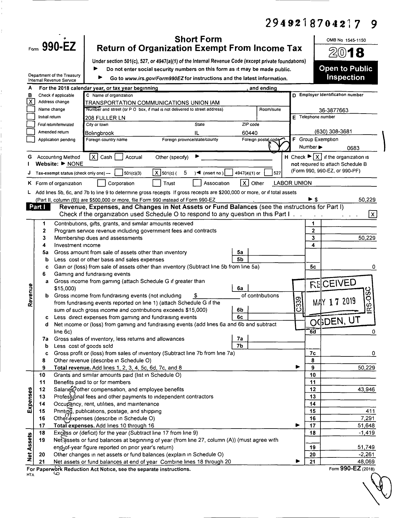 Image of first page of 2018 Form 990EO for International Association of Machinists and Aerospace Workers - T2500 Lodge