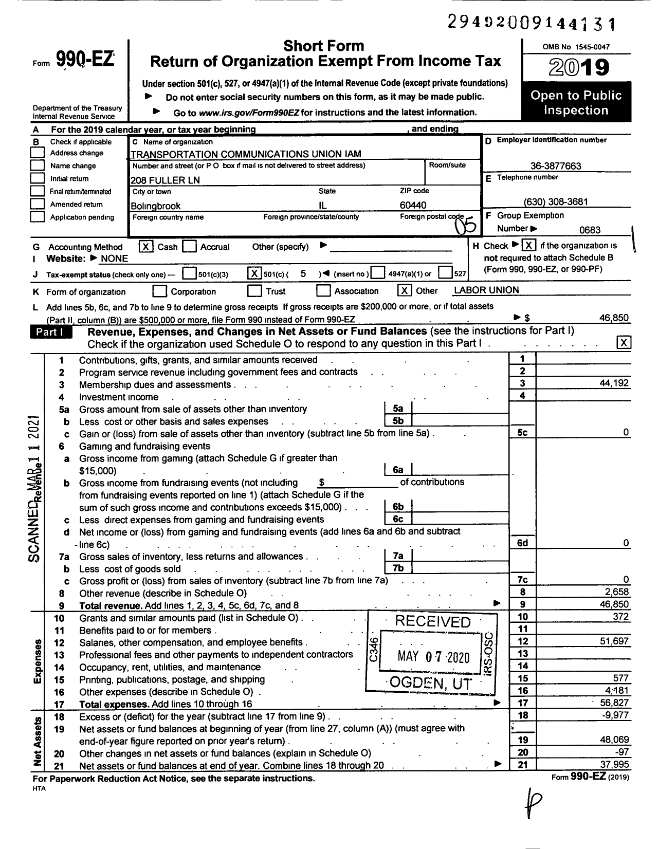 Image of first page of 2019 Form 990EO for International Association of Machinists and Aerospace Workers - T2500 Lodge