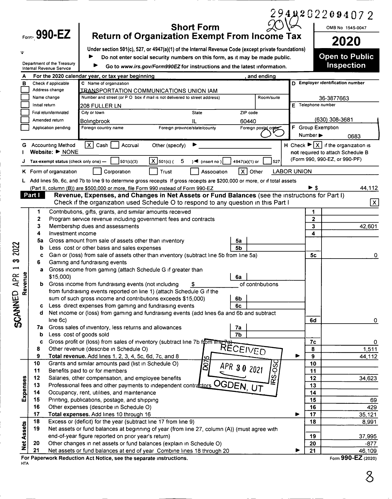 Image of first page of 2020 Form 990EO for International Association of Machinists and Aerospace Workers - T2500 Lodge