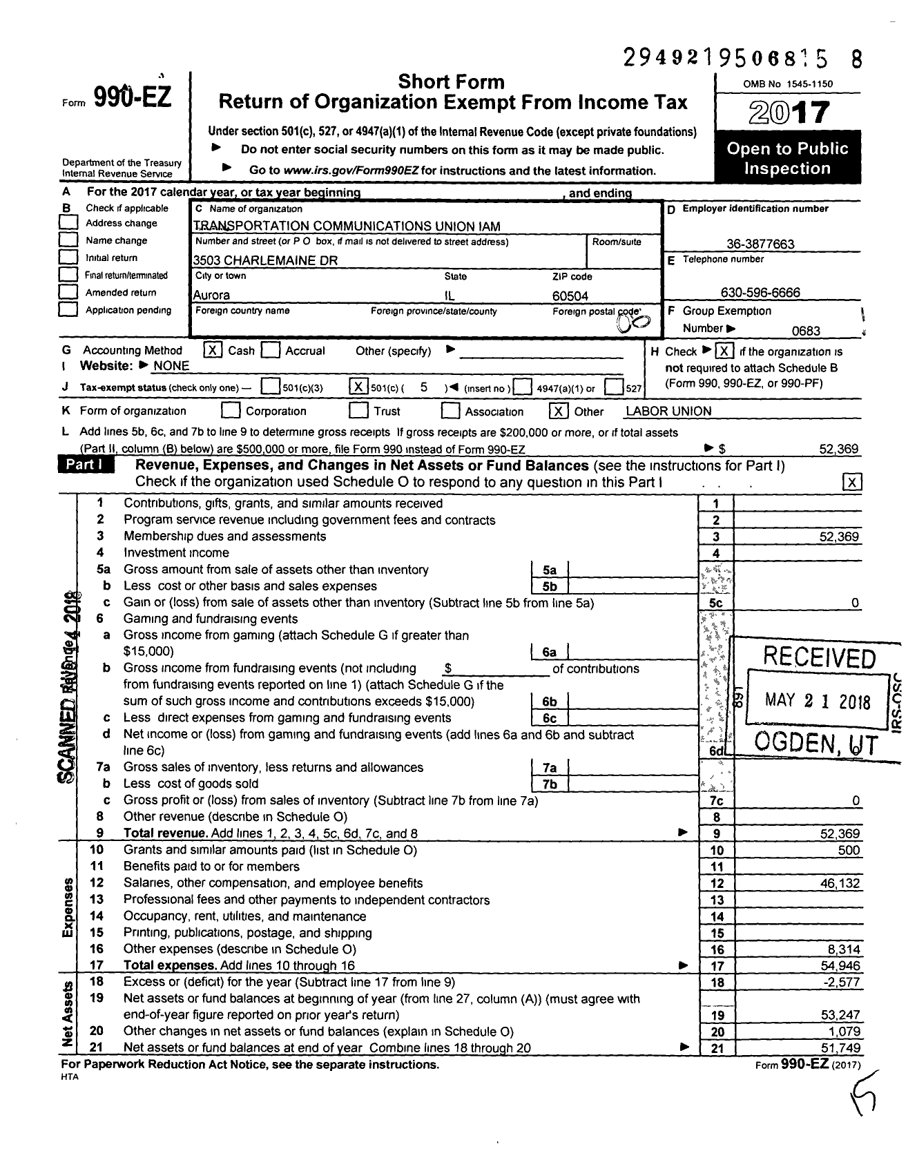 Image of first page of 2017 Form 990EO for International Association of Machinists and Aerospace Workers - T2500 Lodge