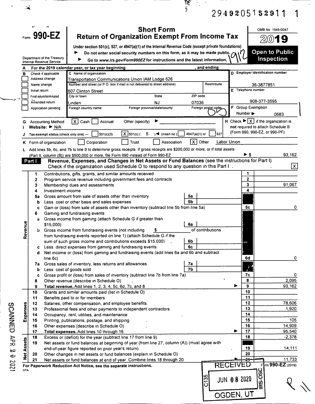 Image of first page of 2019 Form 990EO for TRANSPORTATION-COMMUNICATIONS UNION IAM Lodge 626