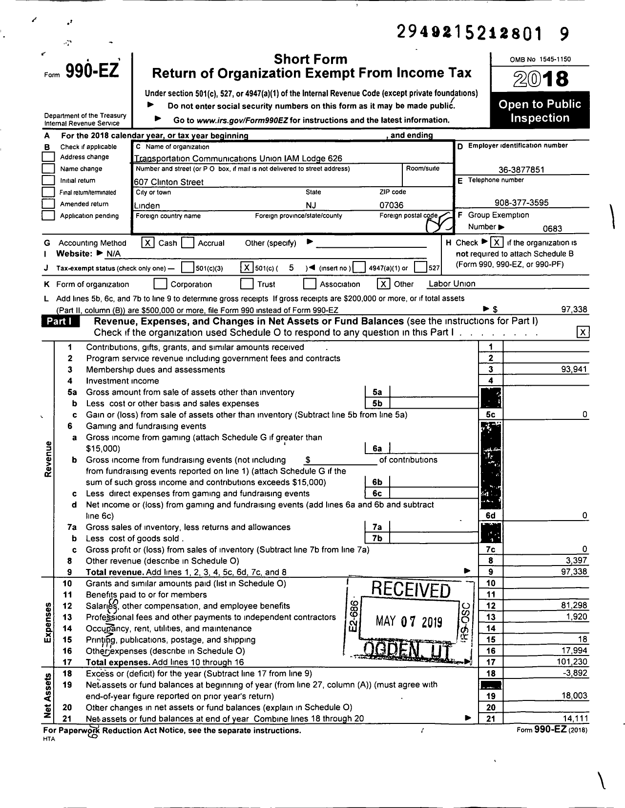 Image of first page of 2018 Form 990EO for TRANSPORTATION-COMMUNICATIONS UNION IAM Lodge 626