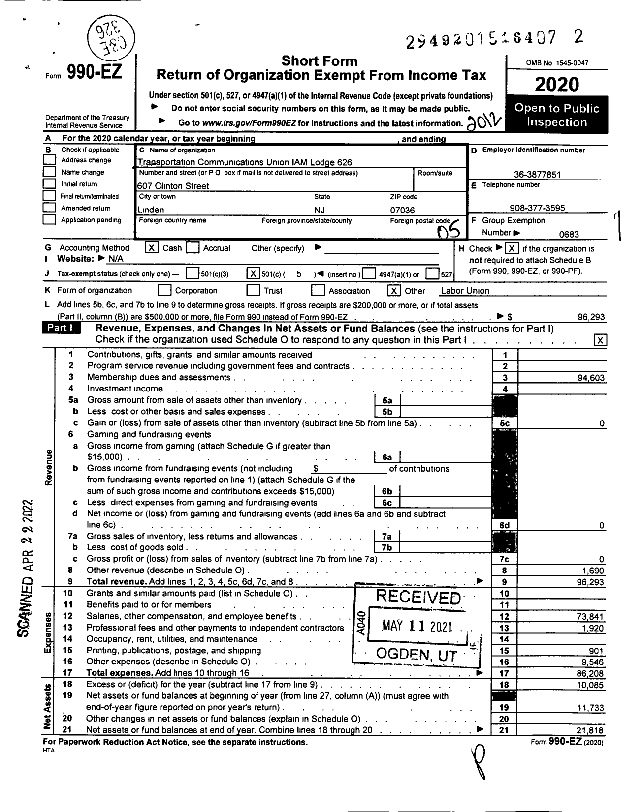 Image of first page of 2020 Form 990EO for TRANSPORTATION-COMMUNICATIONS UNION IAM Lodge 626