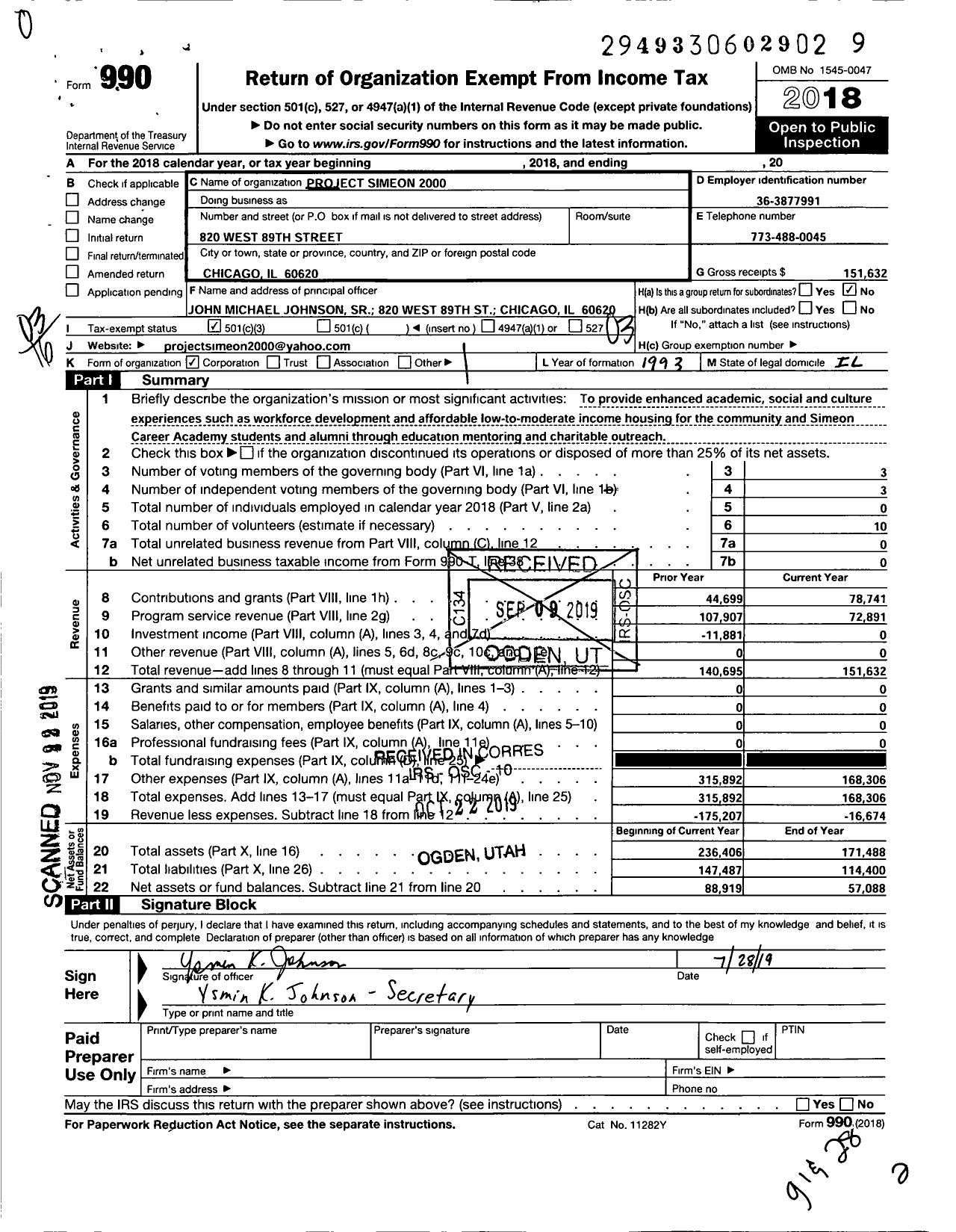 Image of first page of 2018 Form 990 for Project Simeon 2000