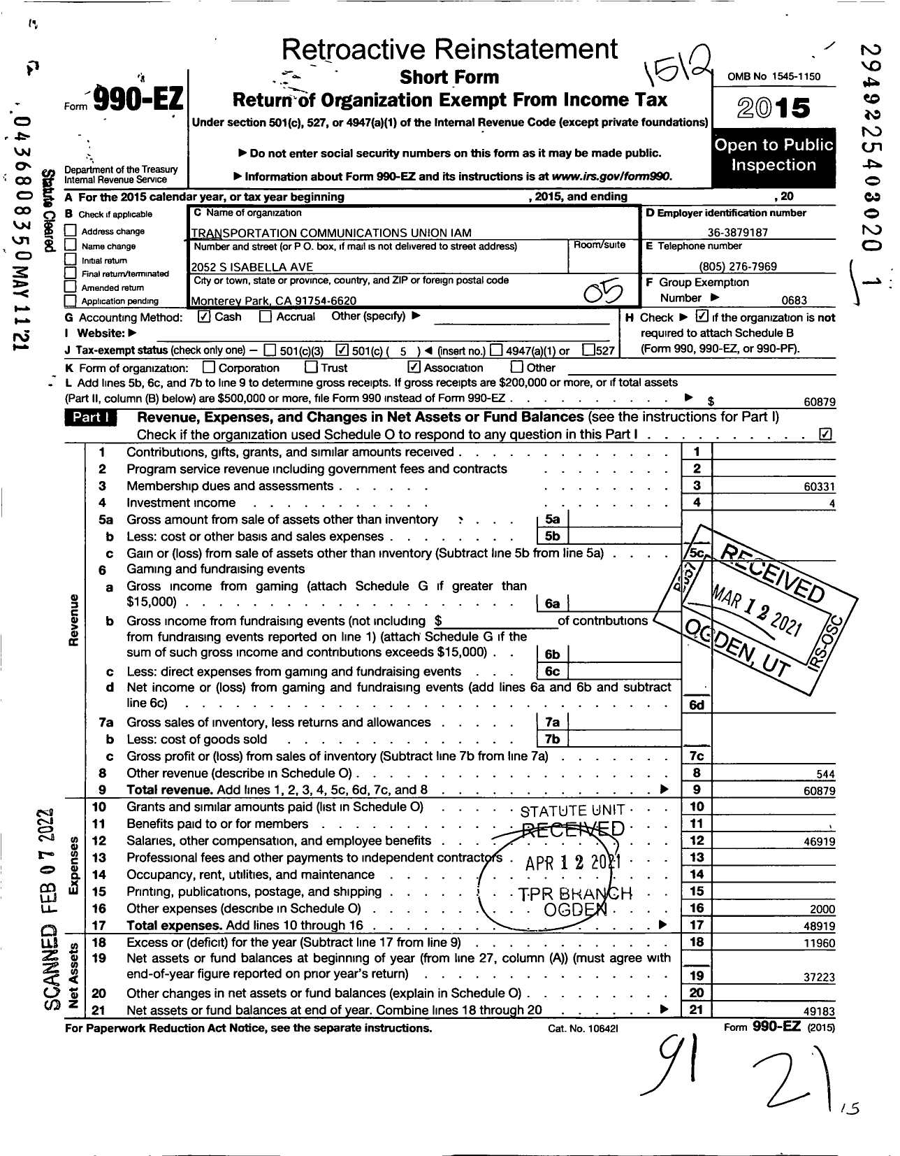 Image of first page of 2015 Form 990EO for Transportation Communications Union