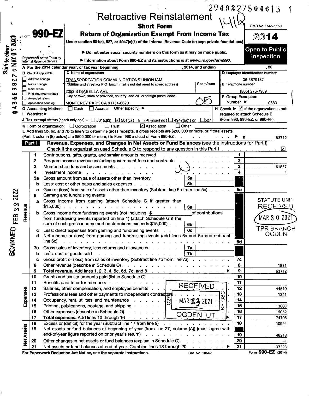 Image of first page of 2014 Form 990EO for Transportation Communications Union