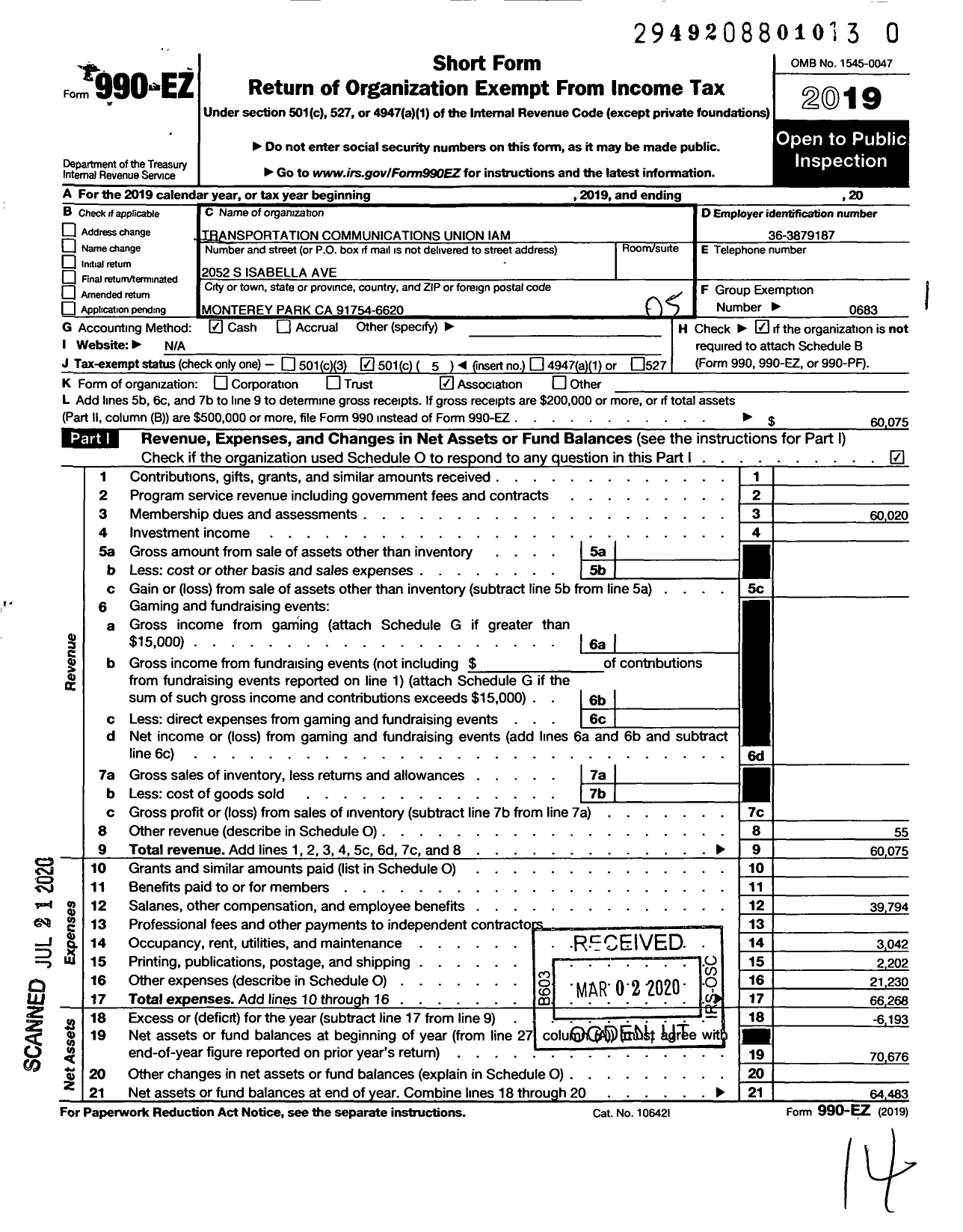 Image of first page of 2019 Form 990EO for Transportation Communications Union