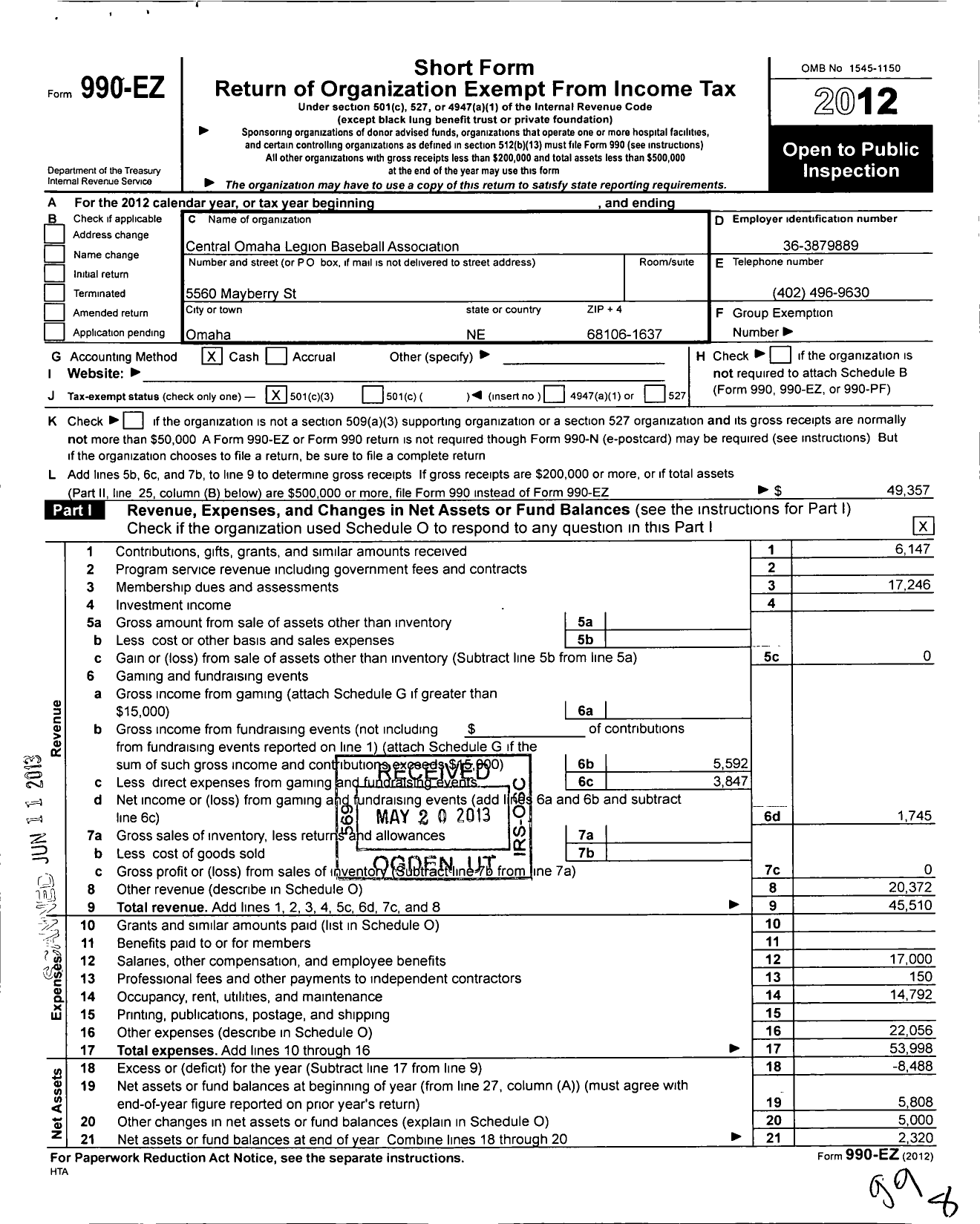 Image of first page of 2012 Form 990EZ for Central Omaha Legion Baseball Org