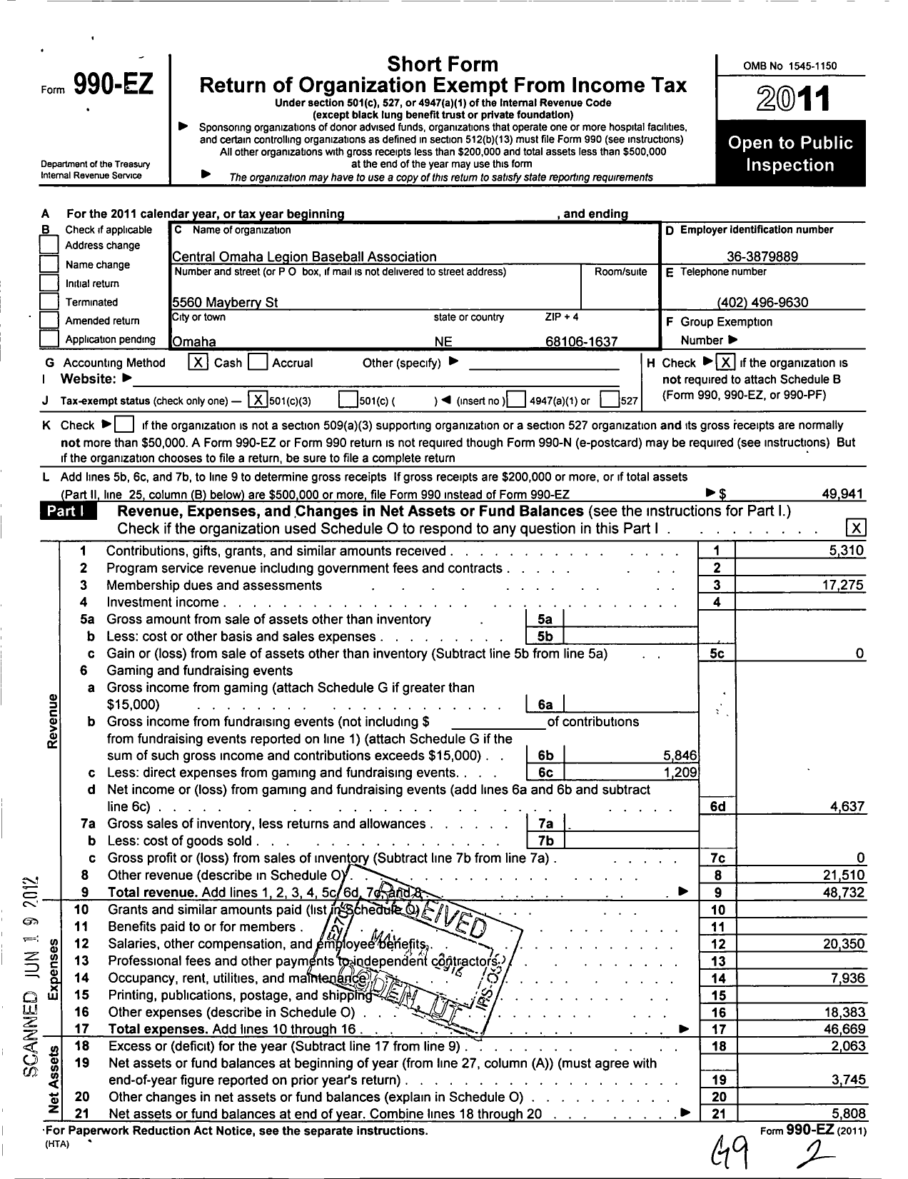 Image of first page of 2011 Form 990EZ for Central Omaha Legion Baseball Org