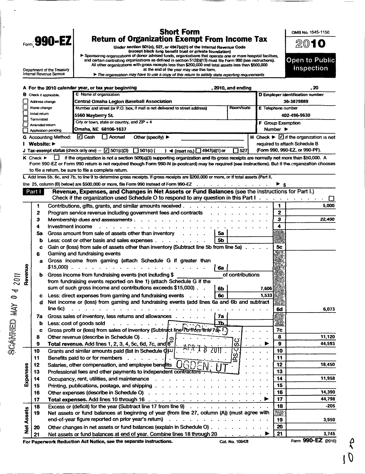 Image of first page of 2010 Form 990EZ for Central Omaha Legion Baseball Org