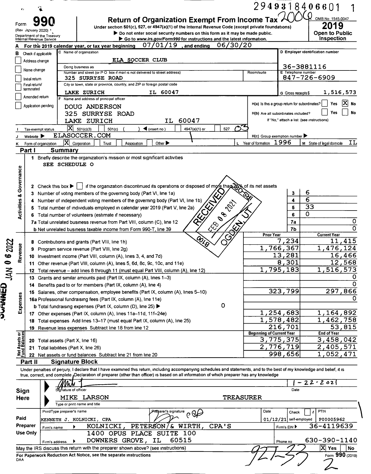 Image of first page of 2019 Form 990 for Ela Soccer Club