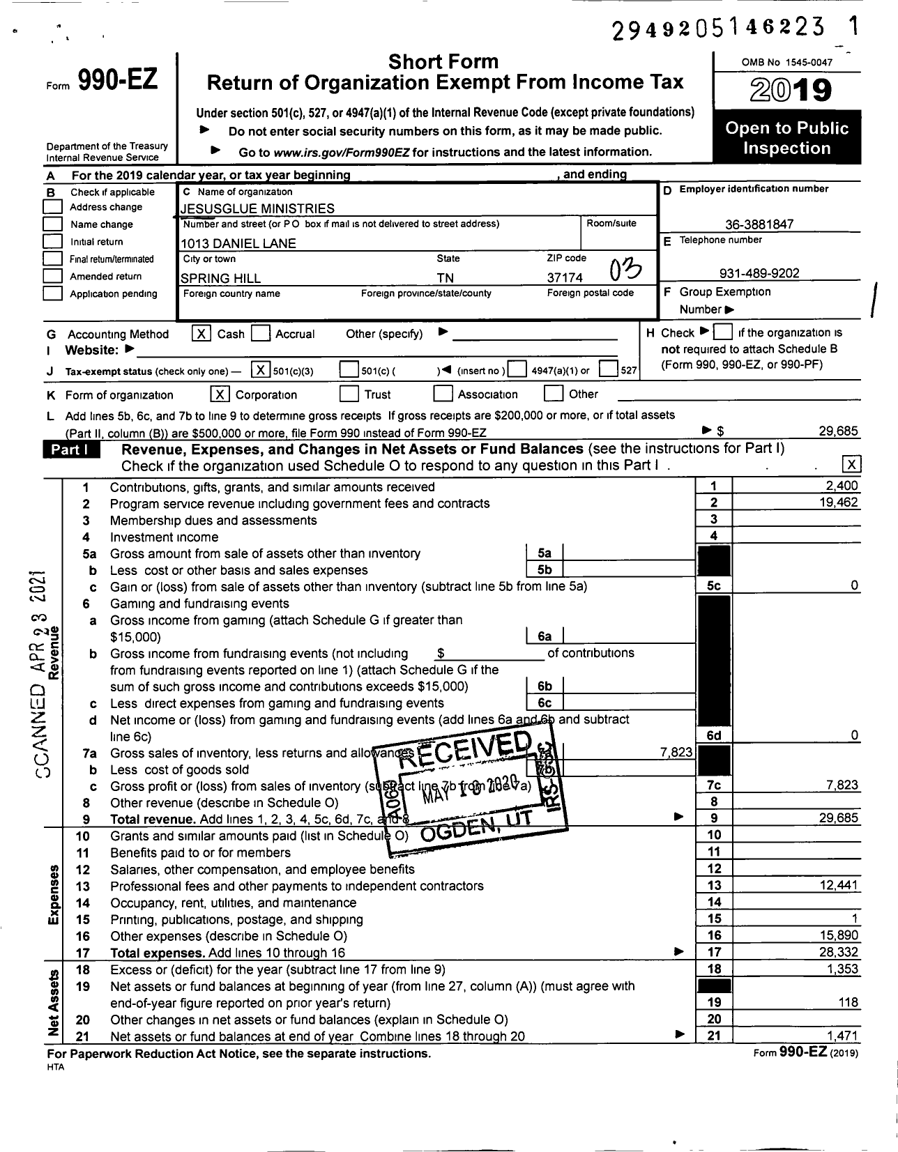 Image of first page of 2019 Form 990EZ for Jesusglue Ministries