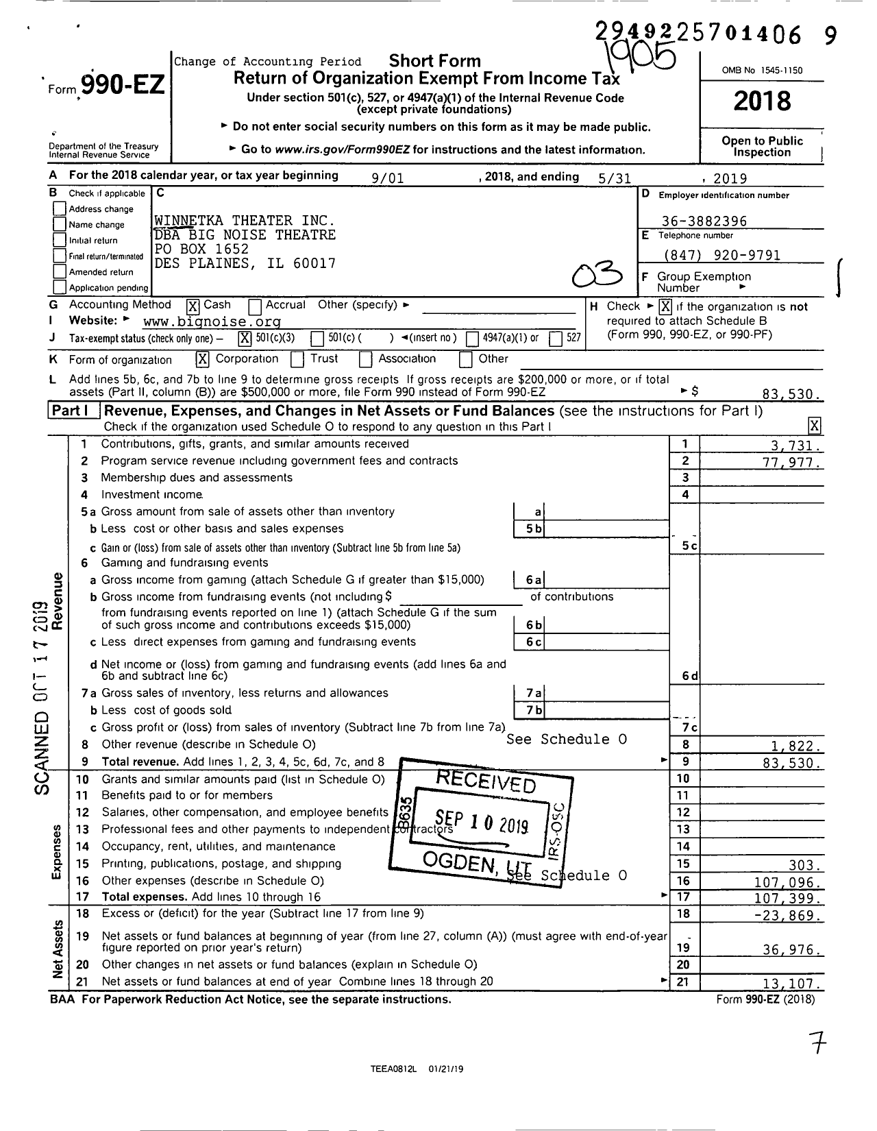 Image of first page of 2018 Form 990EZ for Big Noise Theatre