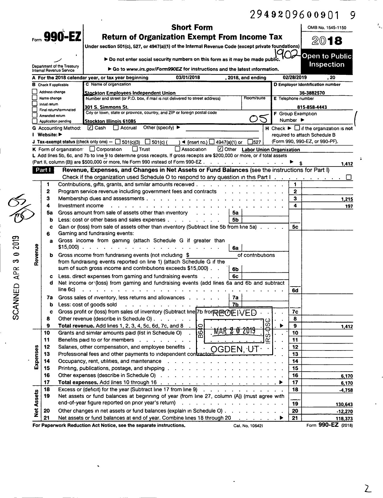 Image of first page of 2018 Form 990EO for Stockton Employees Independent Union