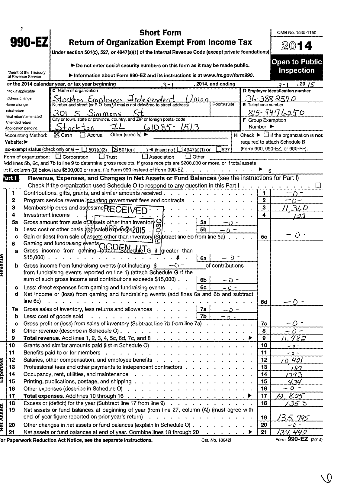 Image of first page of 2014 Form 990EO for Stockton Employees Independent Union