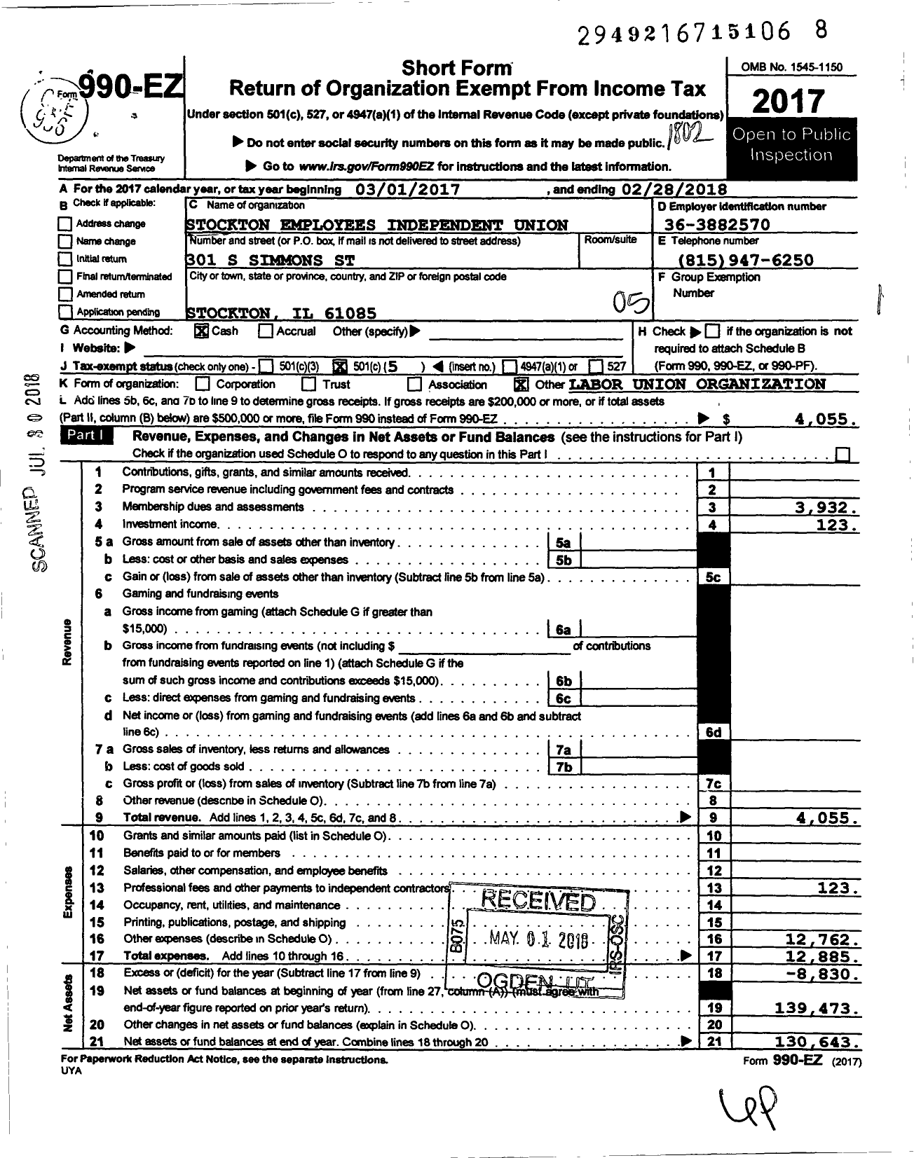 Image of first page of 2017 Form 990EO for Stockton Employees Independent Union