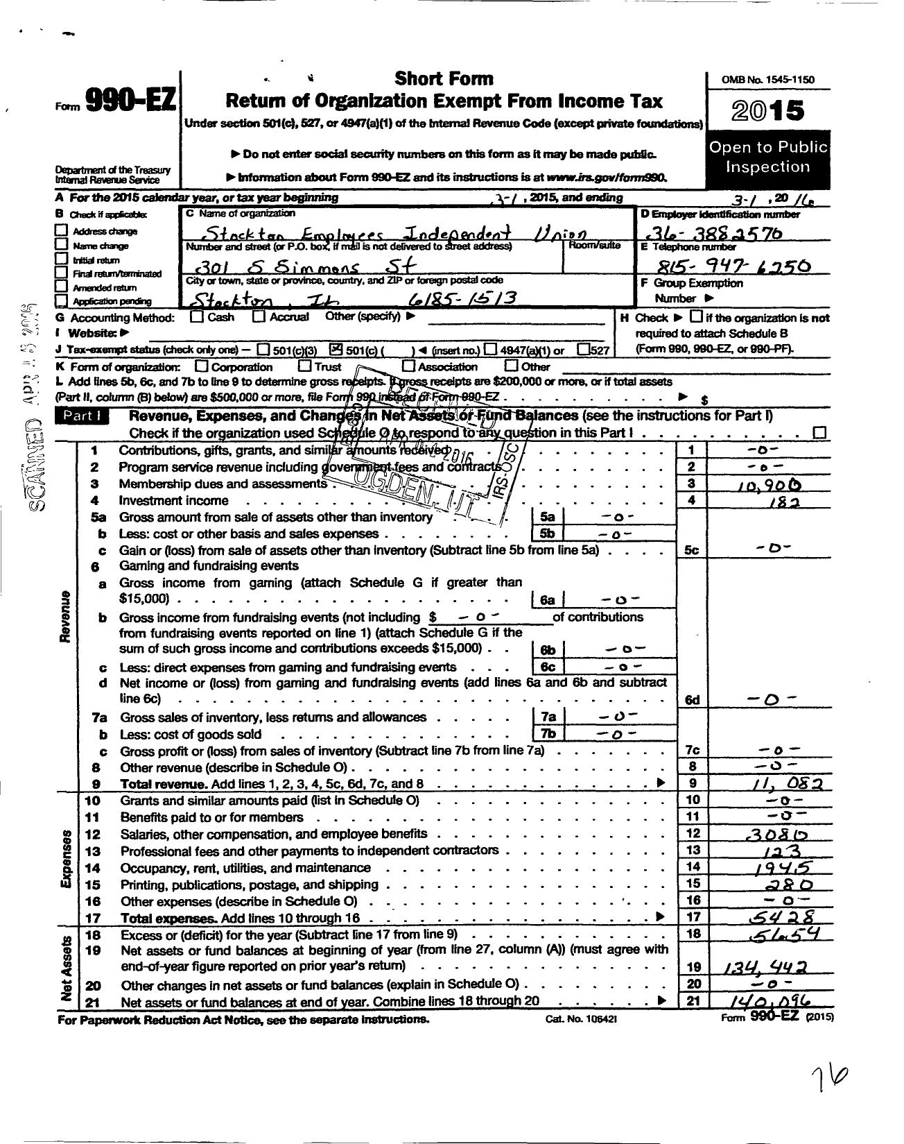 Image of first page of 2015 Form 990EO for Stockton Employees Independent Union