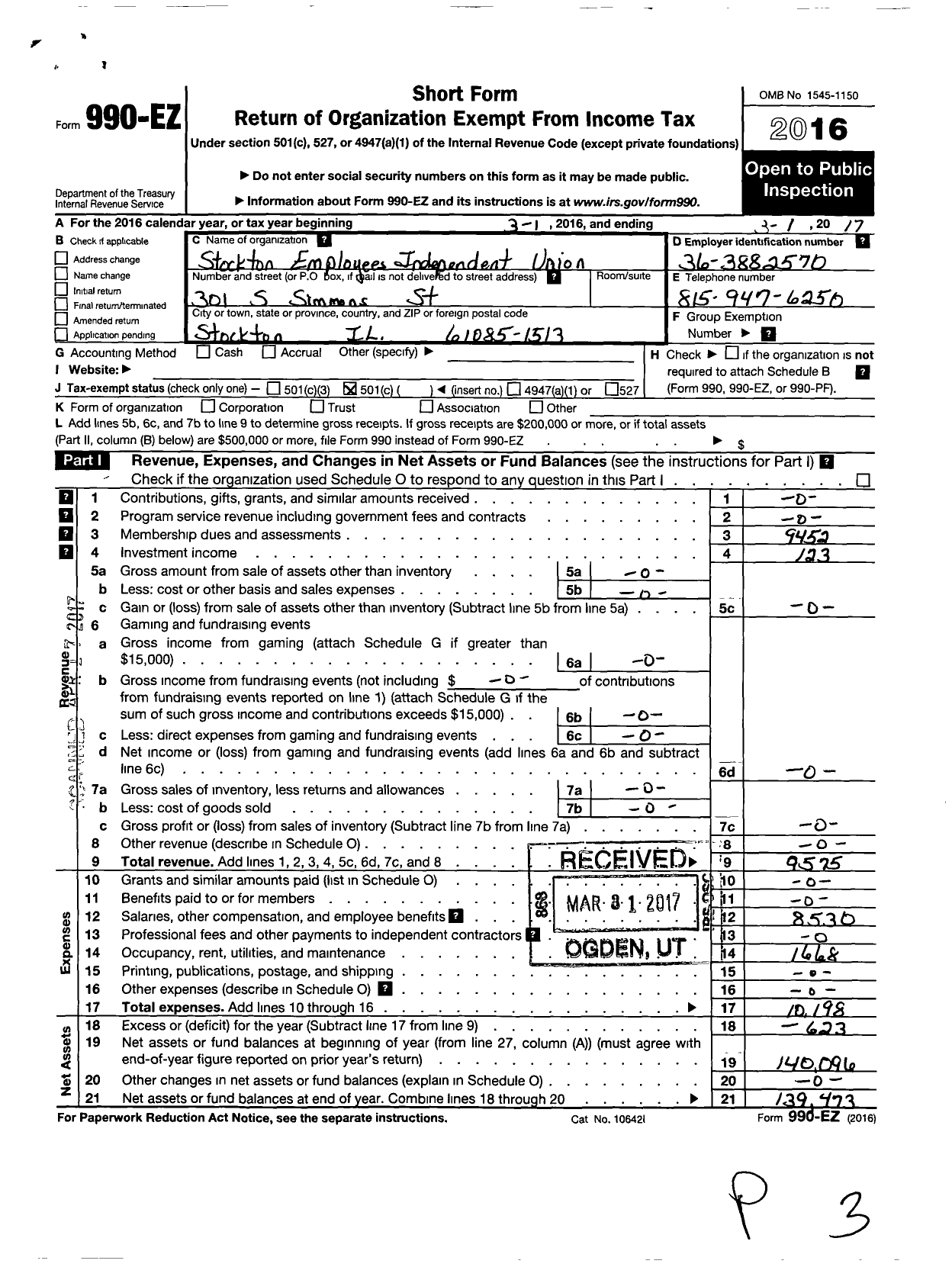 Image of first page of 2016 Form 990EO for Stockton Employees Independent Union