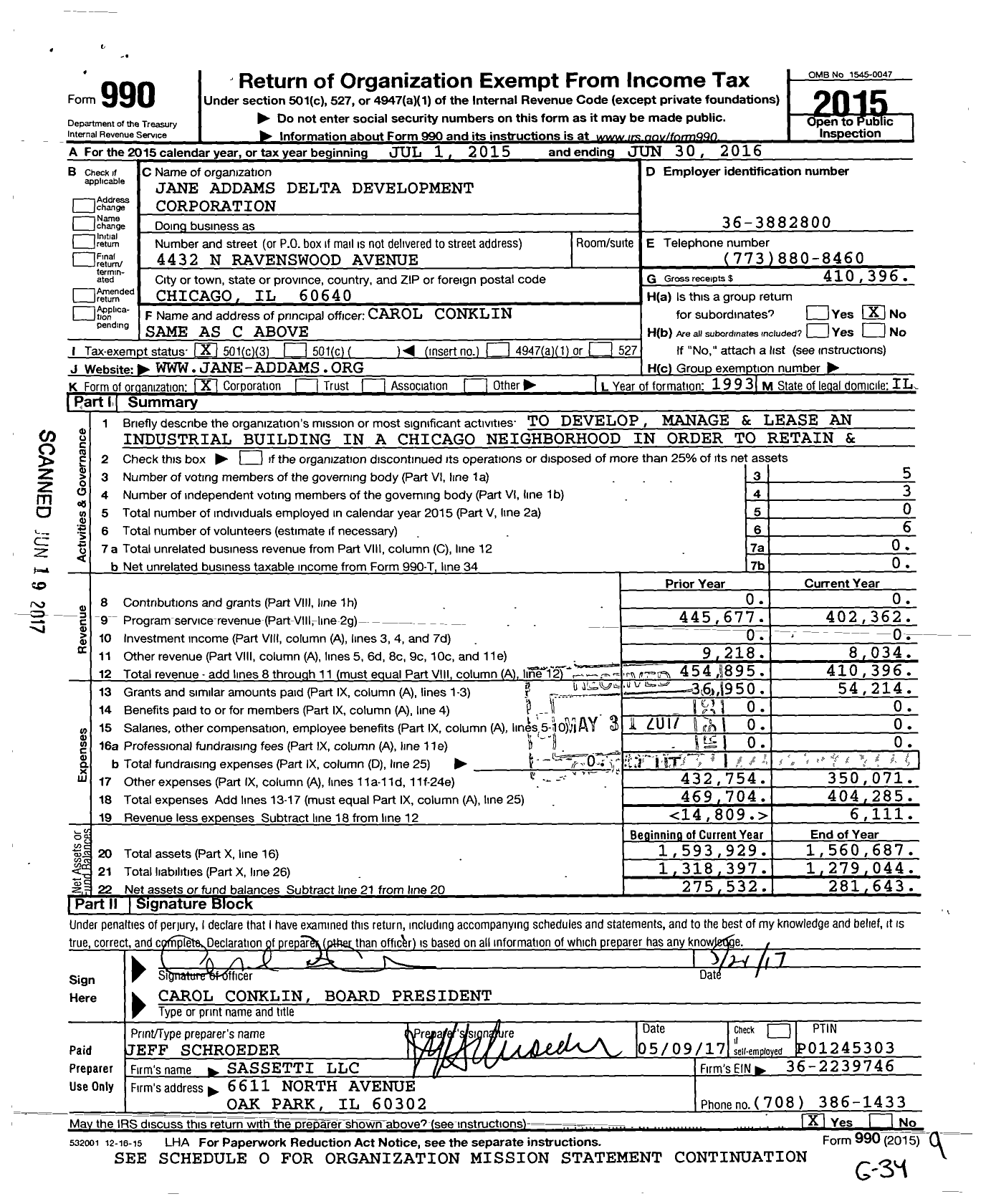 Image of first page of 2015 Form 990 for Jane Addams Delta Development Corporation