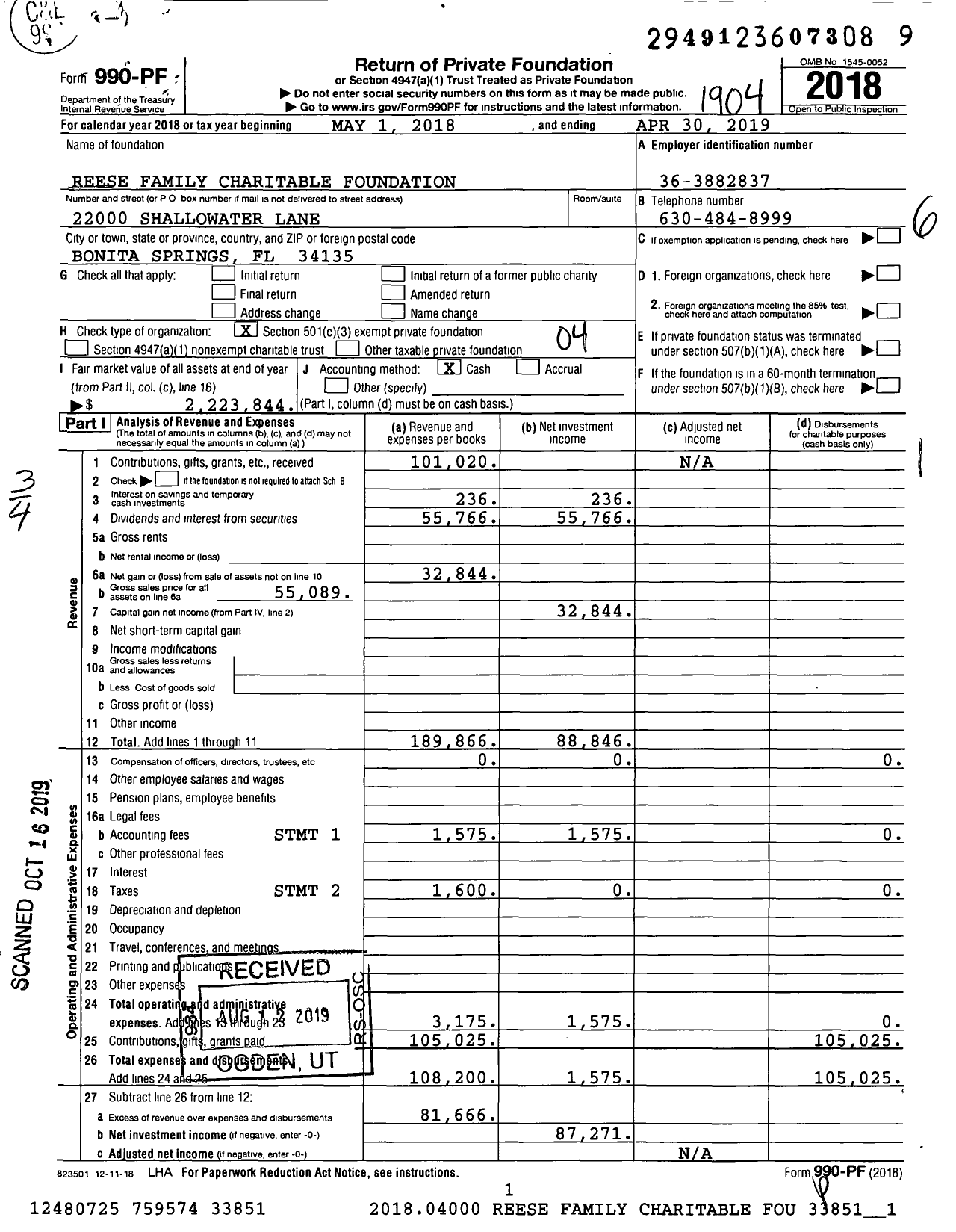 Image of first page of 2018 Form 990PF for Reese Family Charitable Foundation