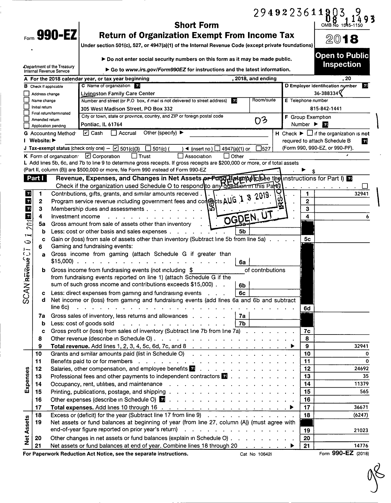 Image of first page of 2018 Form 990EZ for Livingston Family Care Center