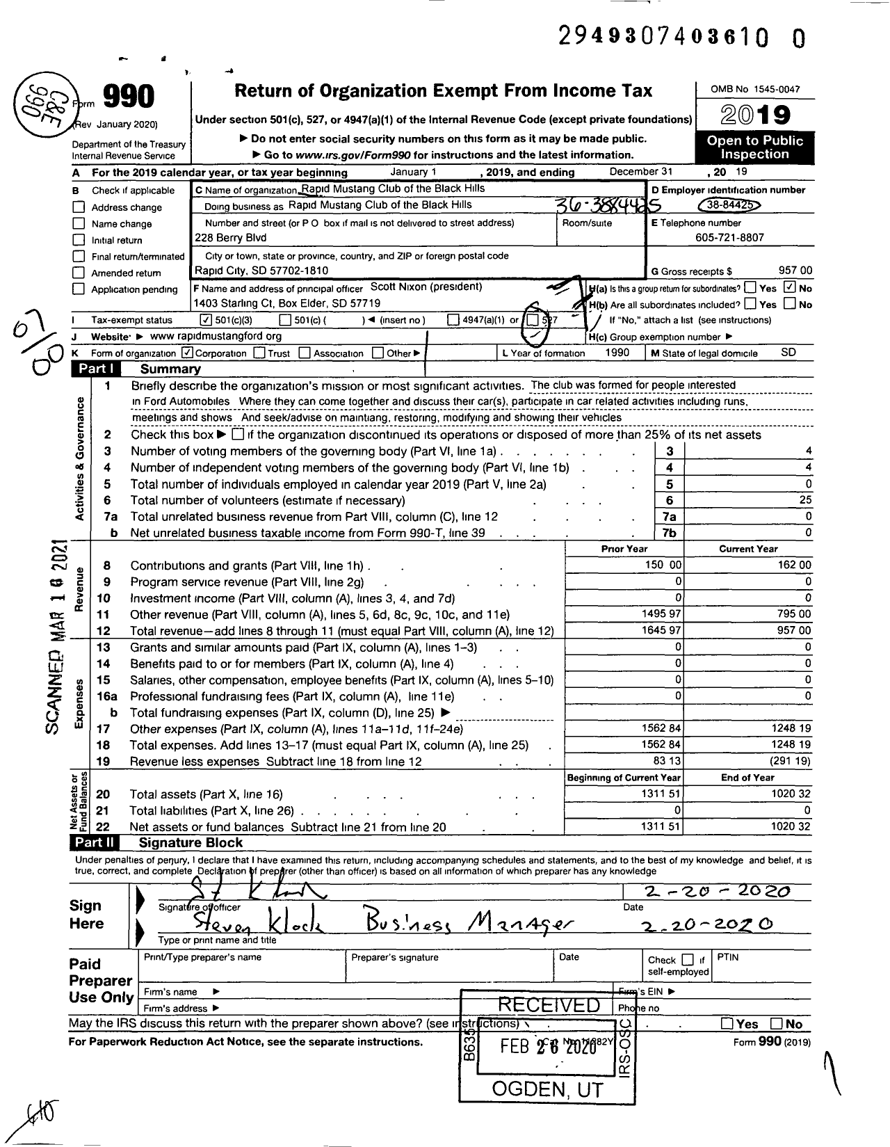 Image of first page of 2019 Form 990O for Black Hills Ford and Mustang Club