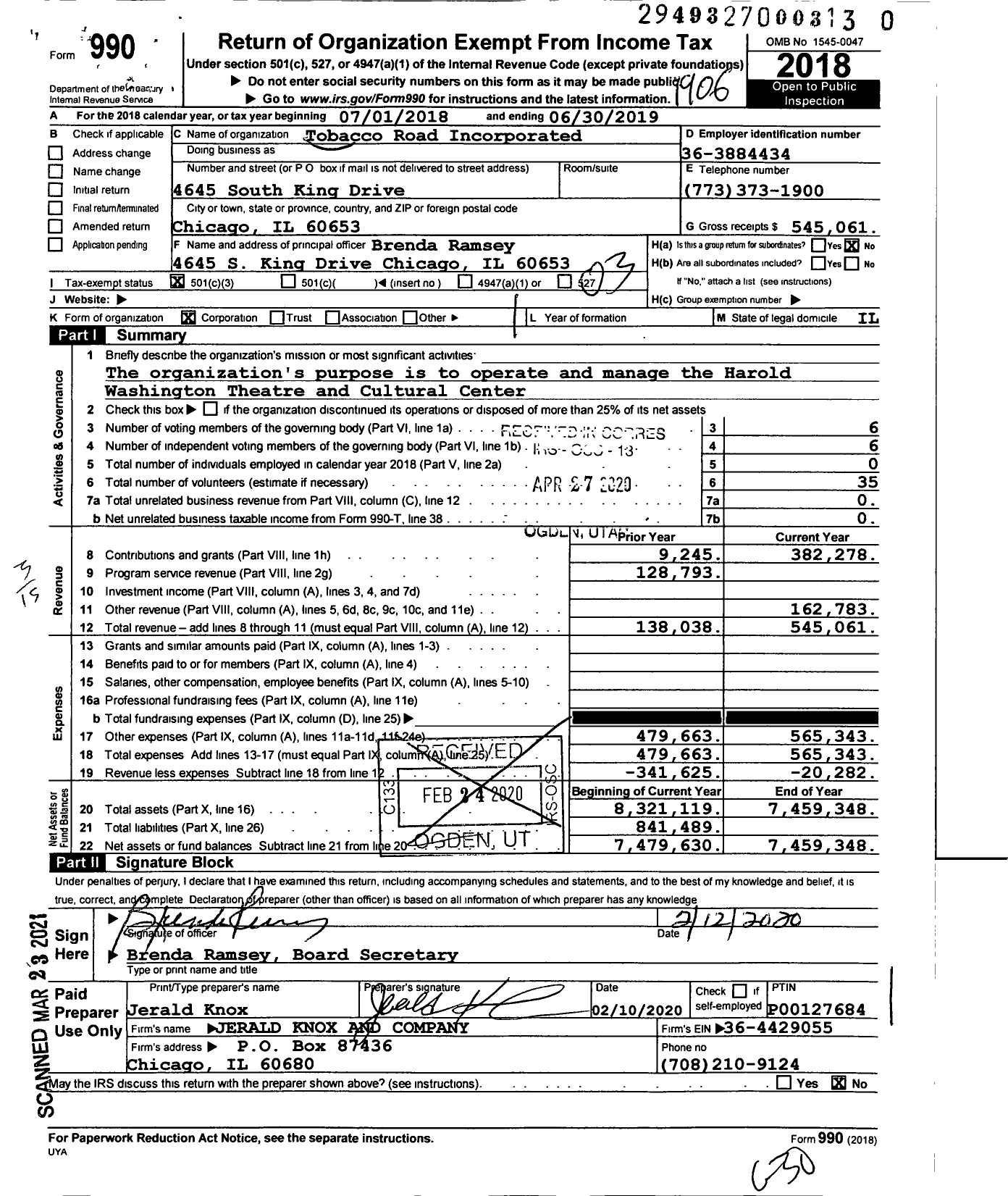 Image of first page of 2018 Form 990 for Tobacco Road