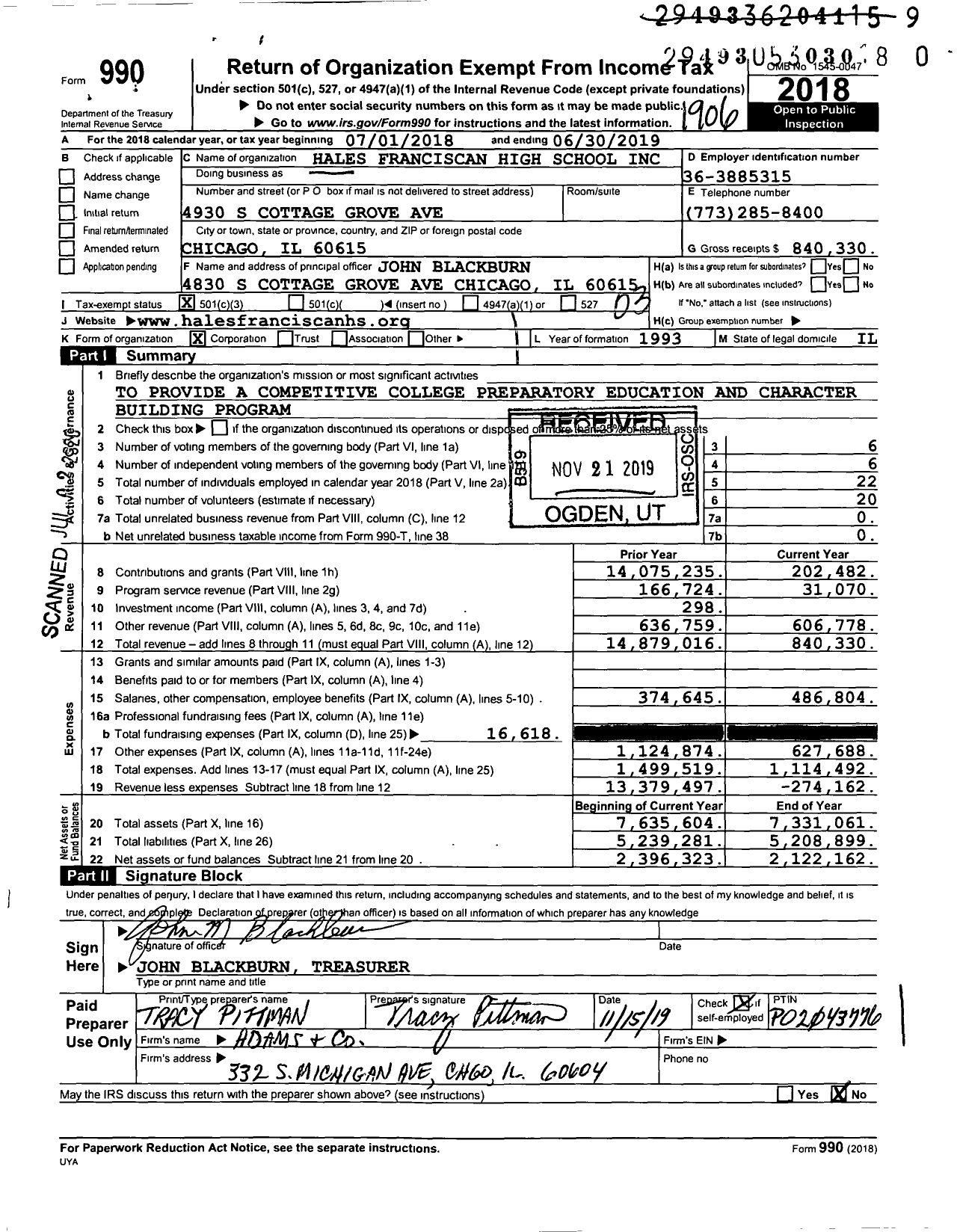 Image of first page of 2018 Form 990 for Hales Franciscan High School