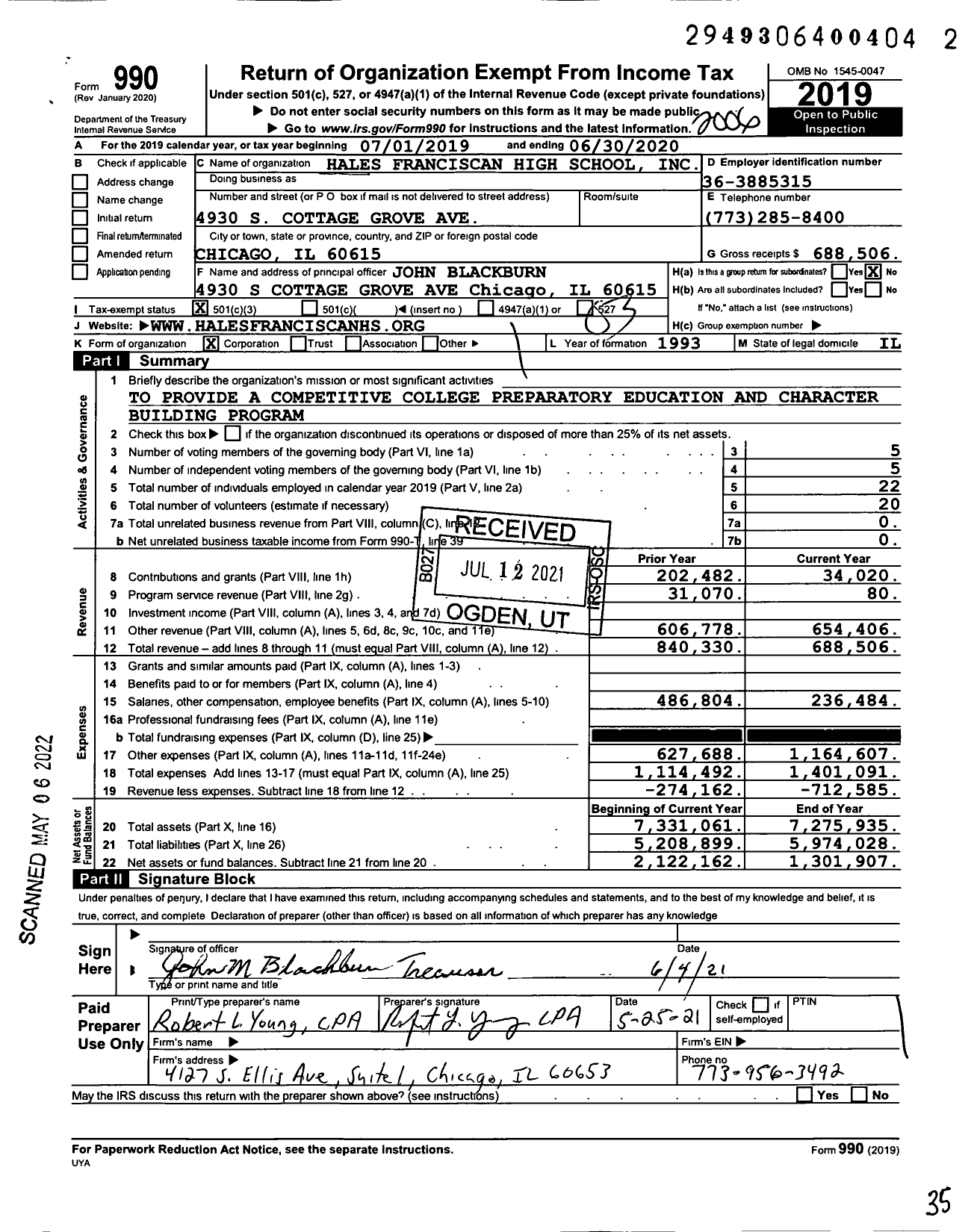 Image of first page of 2019 Form 990 for Hales Franciscan High School