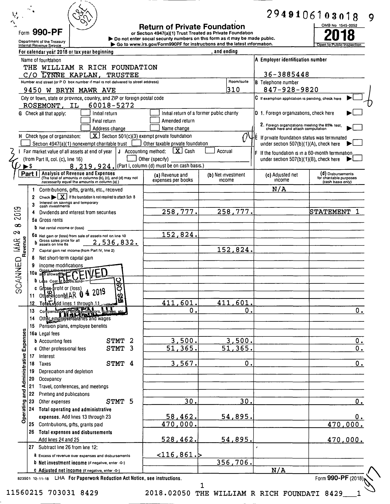 Image of first page of 2018 Form 990PF for The William R Rich Foundation