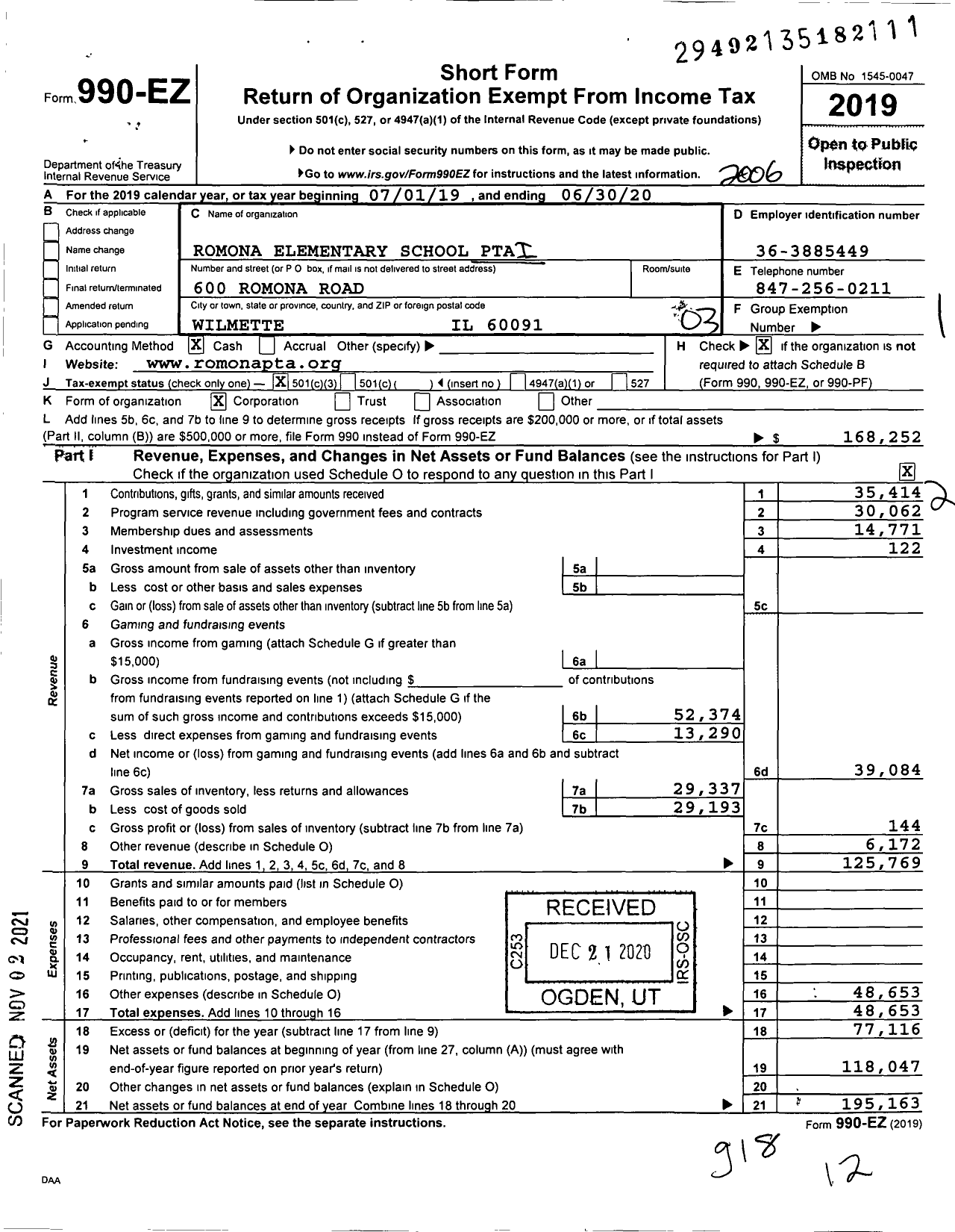 Image of first page of 2019 Form 990EZ for Illinois PTA - Romona PTA