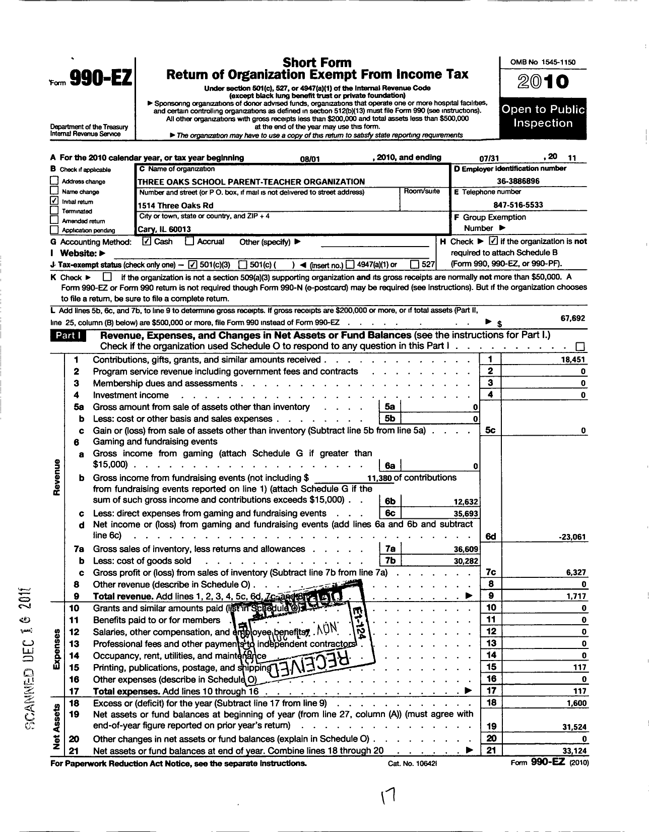 Image of first page of 2010 Form 990EZ for Three Oaks School Parent-Teacher Organization