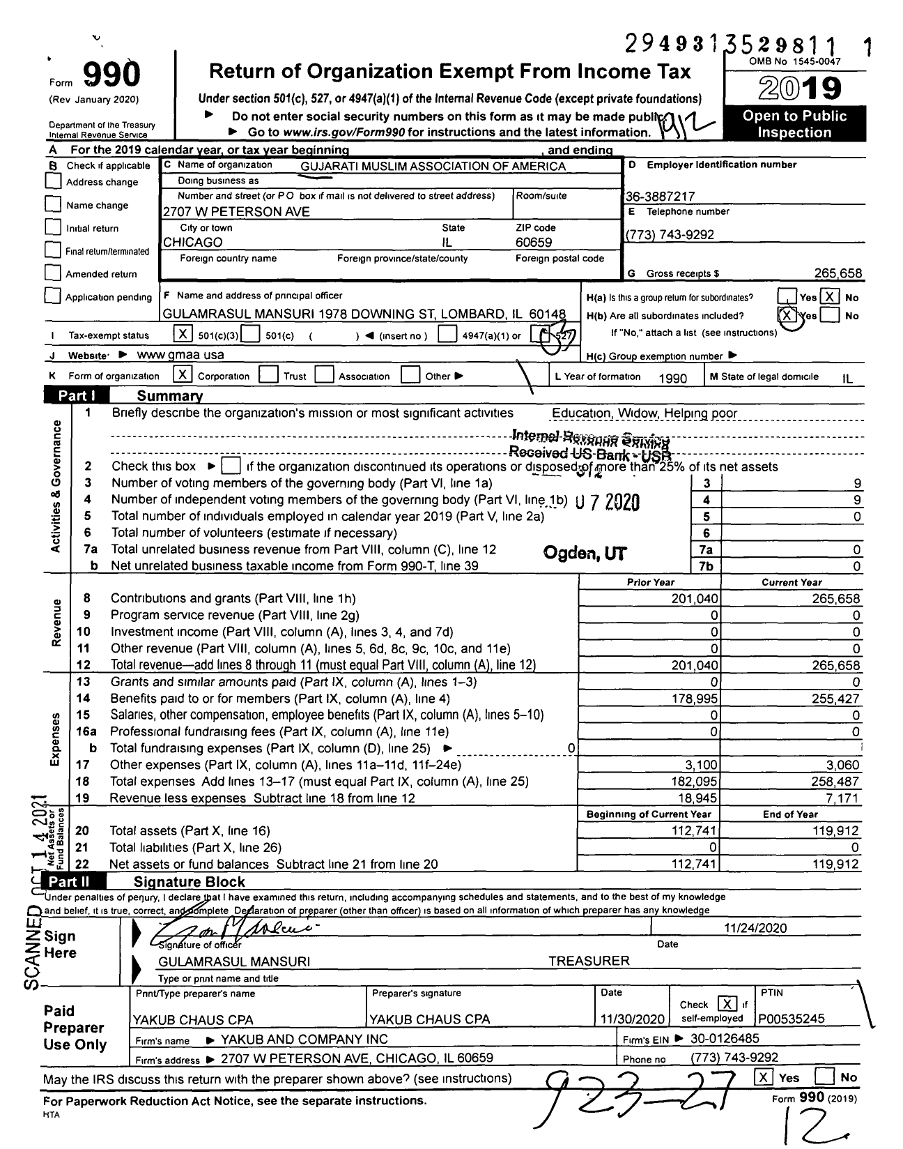 Image of first page of 2019 Form 990 for Gujarati Muslim Association of America