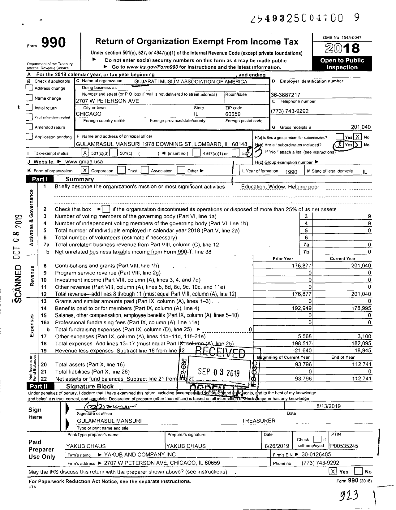 Image of first page of 2018 Form 990 for Gujarati Muslim Association of America