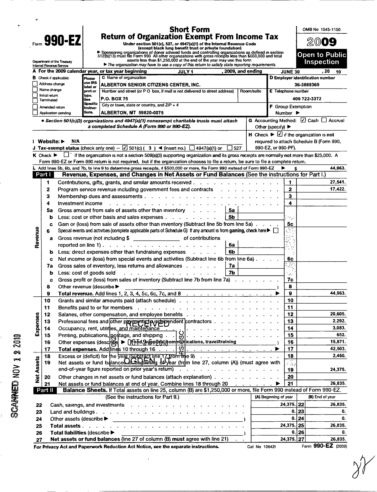 Image of first page of 2009 Form 990EZ for Alberton Senior Citizens Center