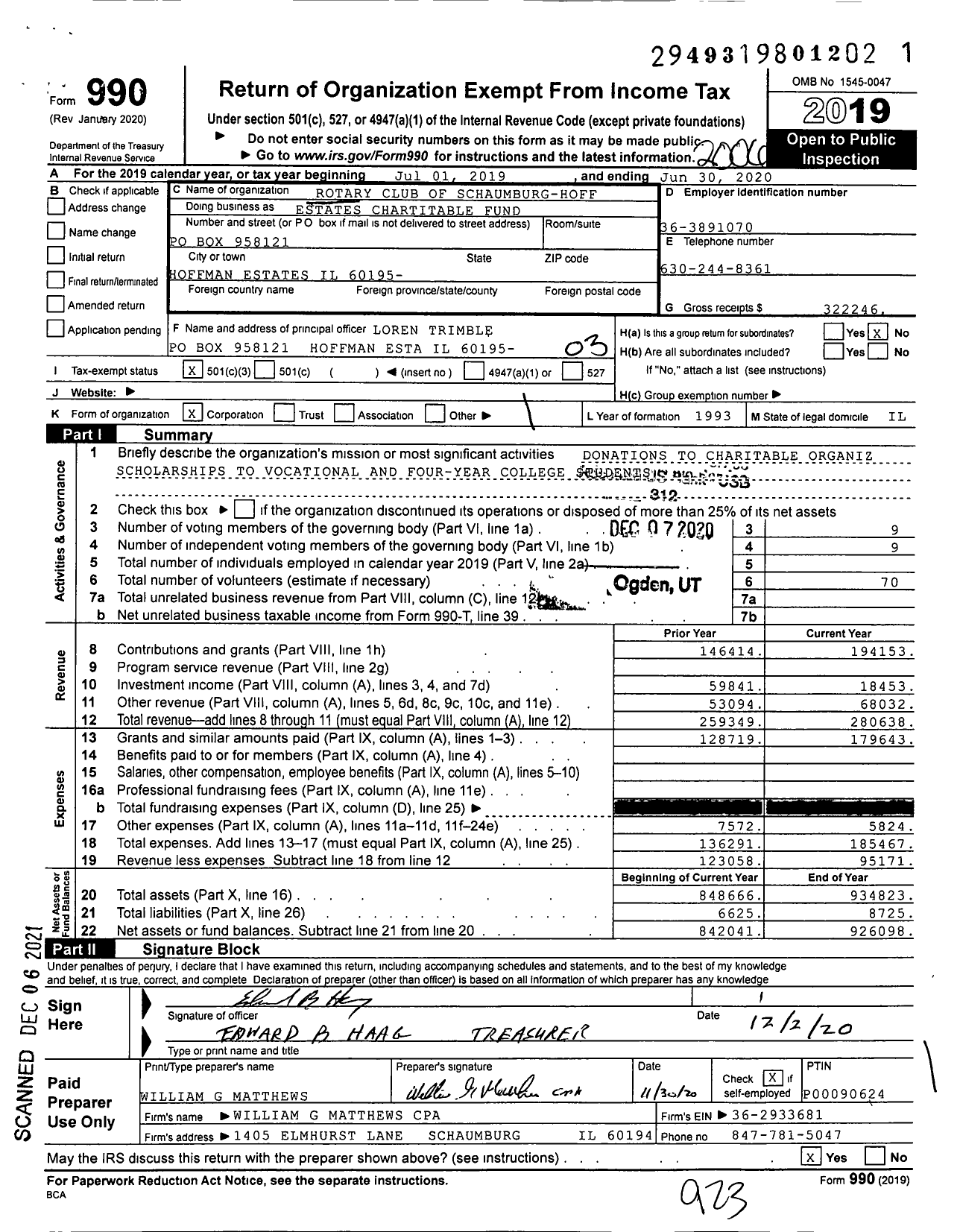 Image of first page of 2019 Form 990 for Rotary Club of Schaumburg Hoffman Estates Charitable Foundation