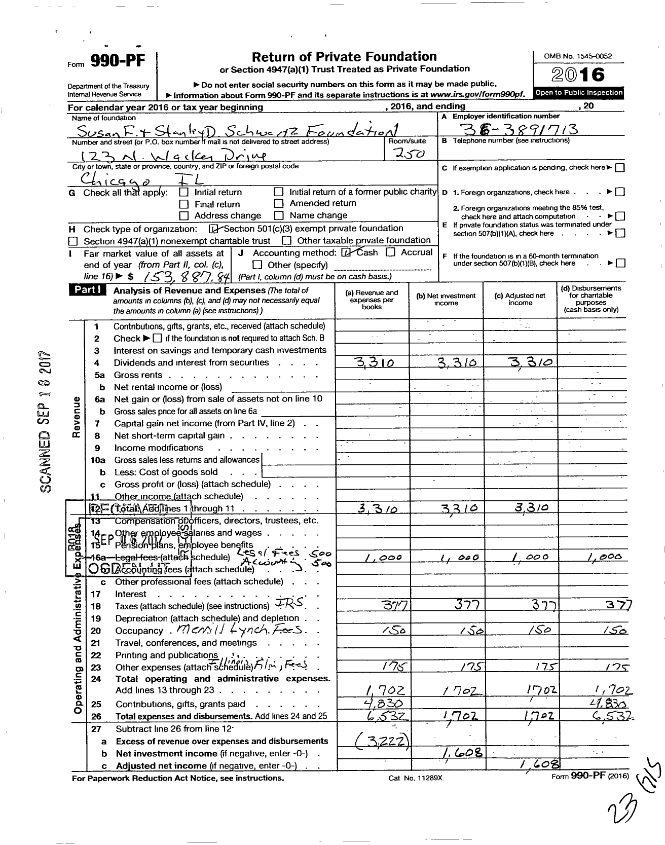 Image of first page of 2016 Form 990PF for Susan F and Stanley D Schwartz Charitable Foundation